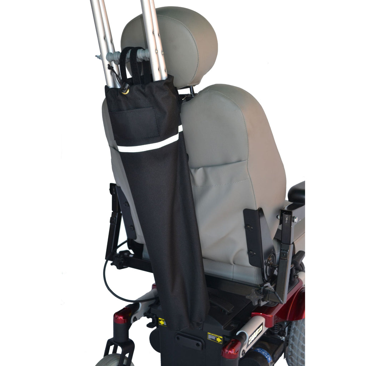 Side view of the Diestco Crutch Holder strapped to a power wheelchair seatback, holding a pair of underarm crutches upright with reflective strip