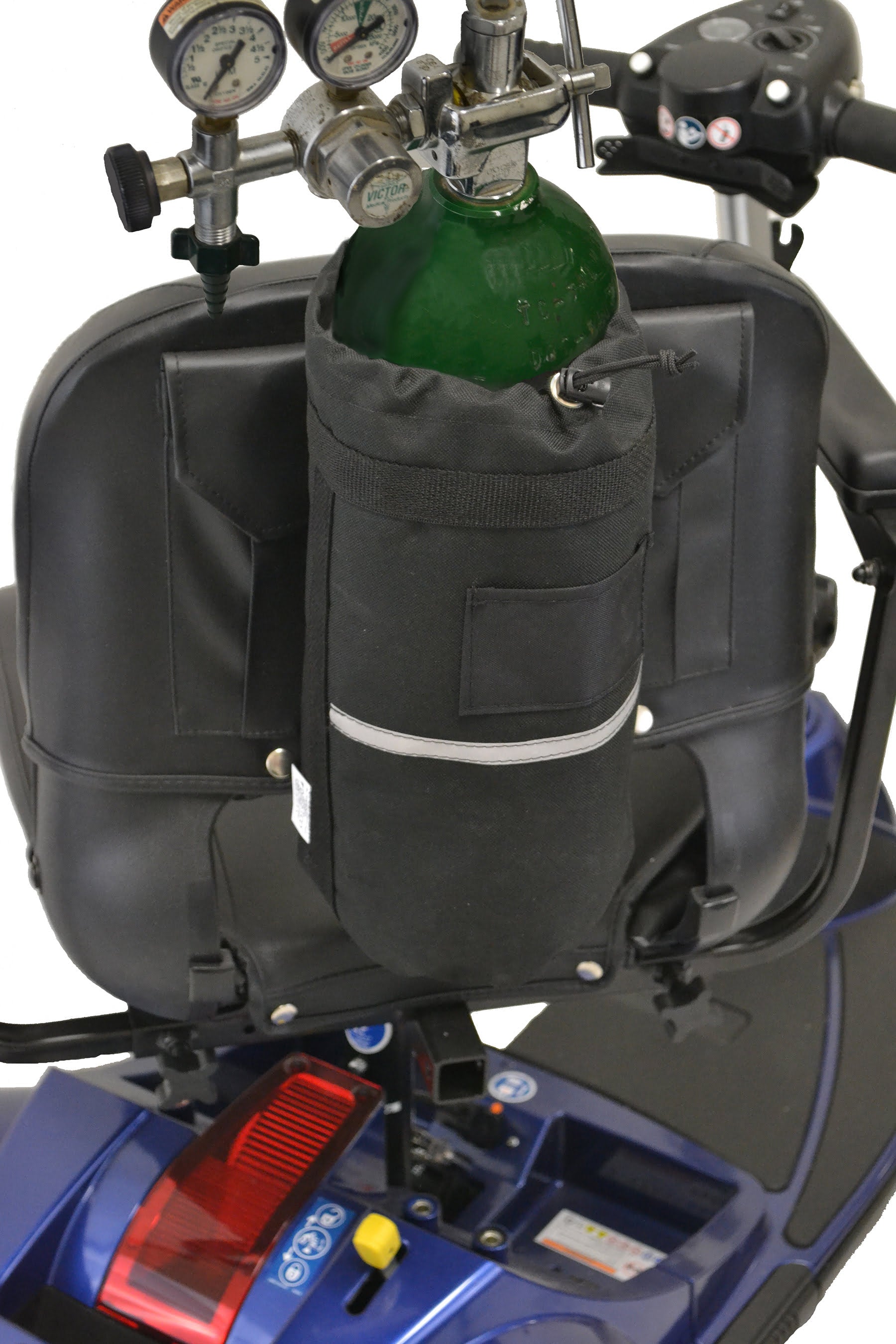 Diestco D tank holder on a blue mobility scooter seatback holding a green oxygen cylinder with tool and ID pockets