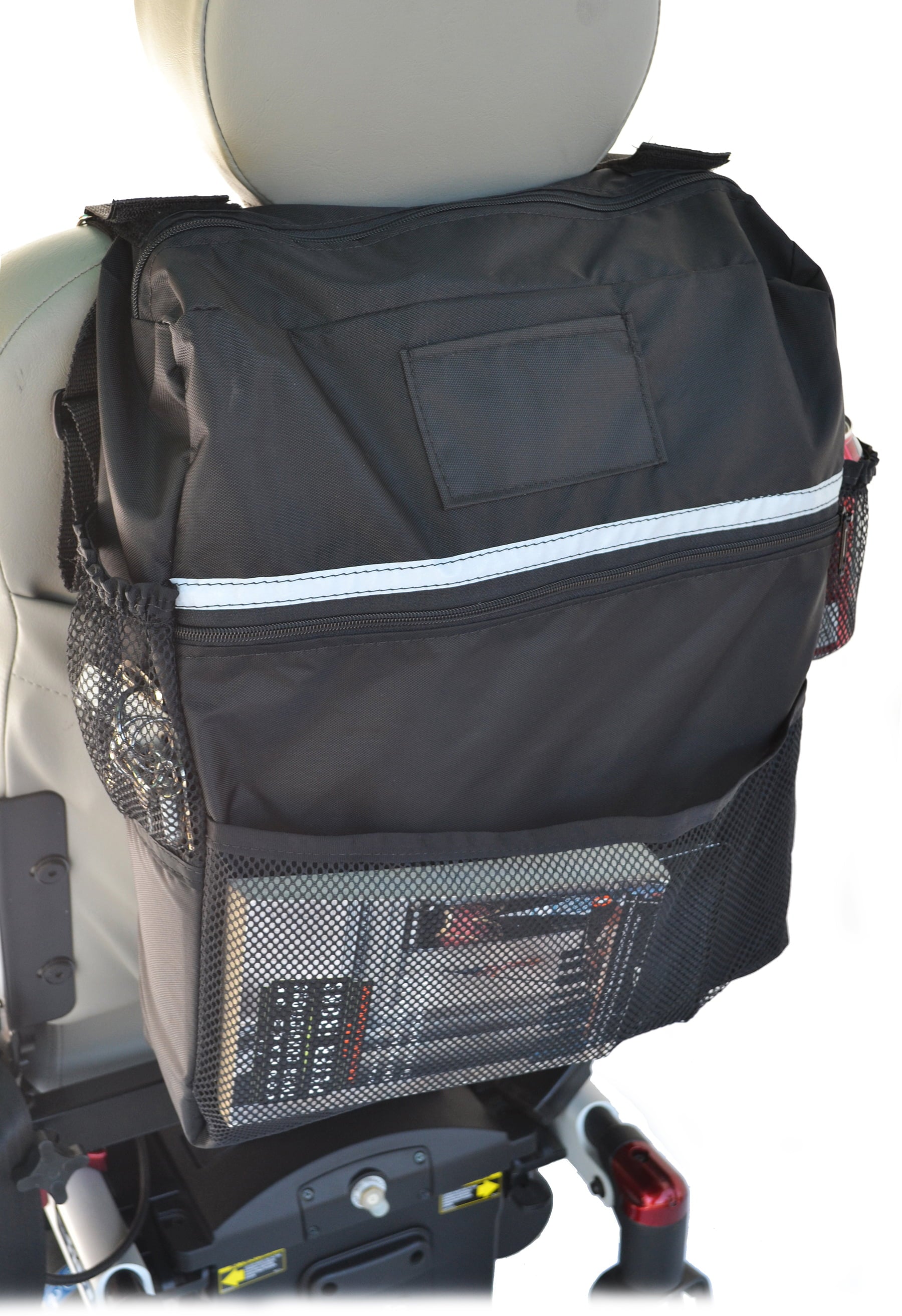 Front view of the Diestco Deluxe Seatback Bag showing the ID pocket, reflective strip, and mesh storage pocket