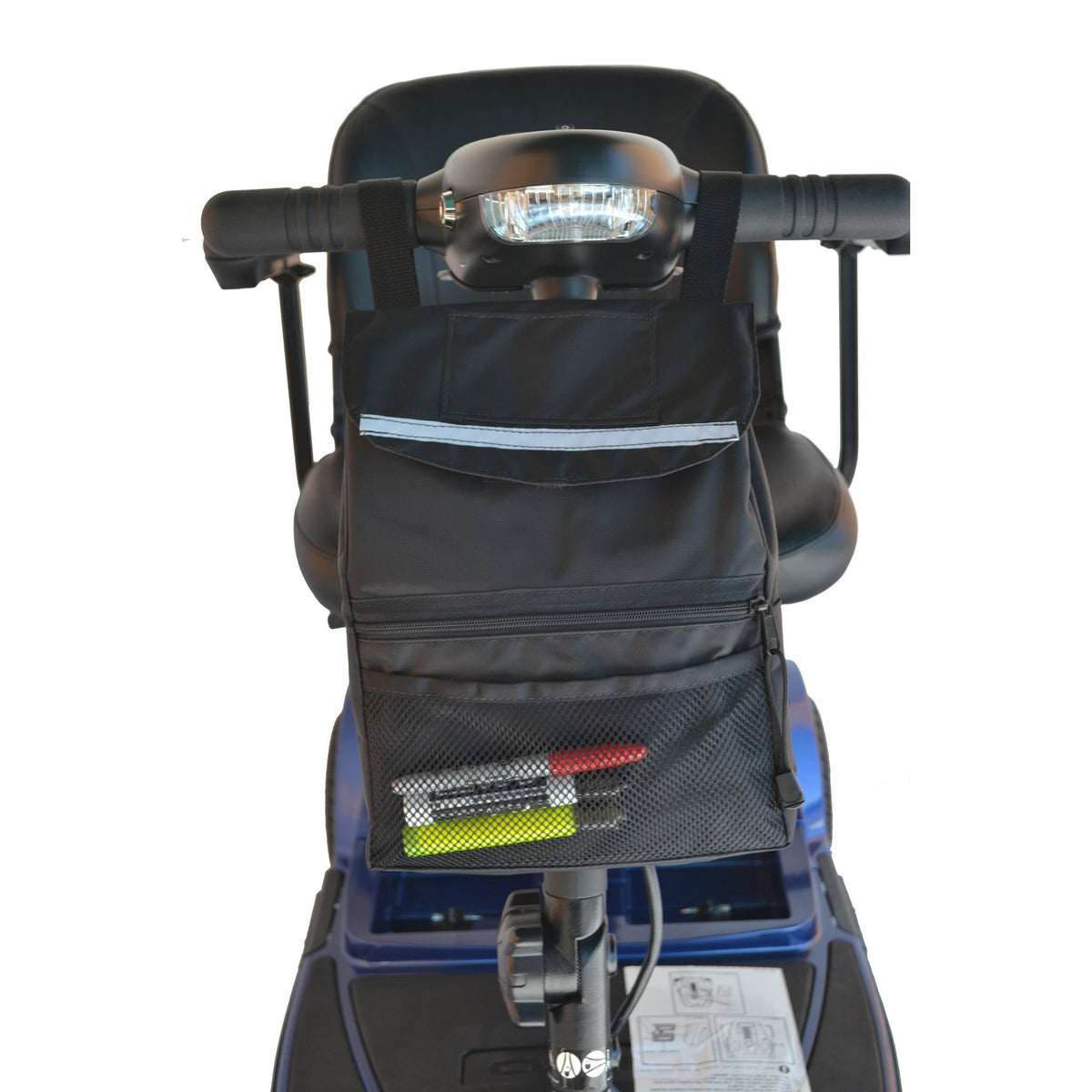 Diestco Deluxe Tiller Bag strapped to the front of a scooter tiller below the headlight, flap closed, with reflective strip, zippered pocket, and mesh pocket