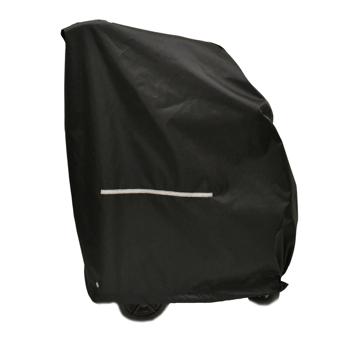 Black Diestco manual wheelchair cover fitted over a wheelchair, with a reflective strip and cinched bottom edge