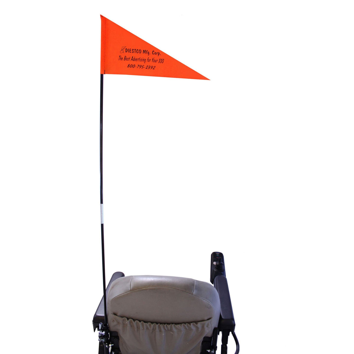 Diestco orange safety flag on a tall pole mounted to the back of a power wheelchair for high visibility.