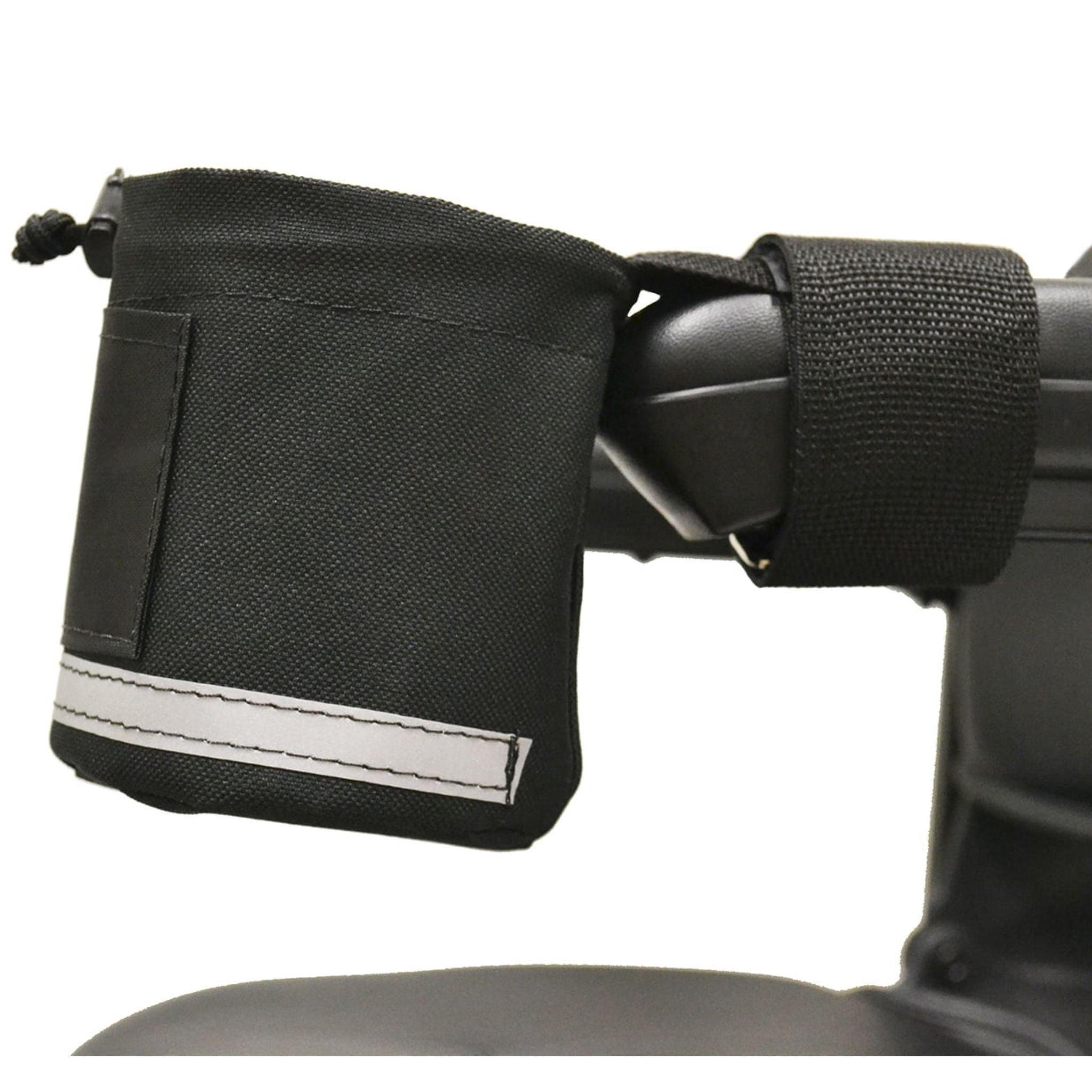 Diestco Front Grip cupholder attached to a mobility scooter armrest showing hook-and-loop strap and reflective trim