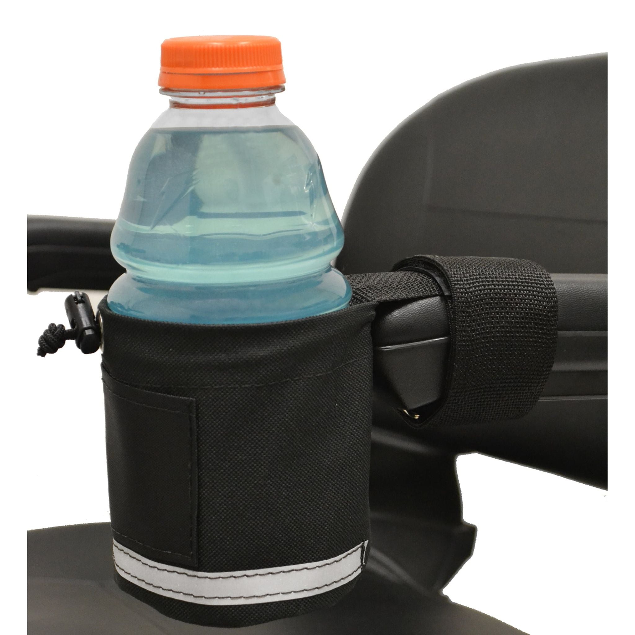 Diestco Front Grip cupholder mounted to a power wheelchair armrest with a blue sports bottle secured inside