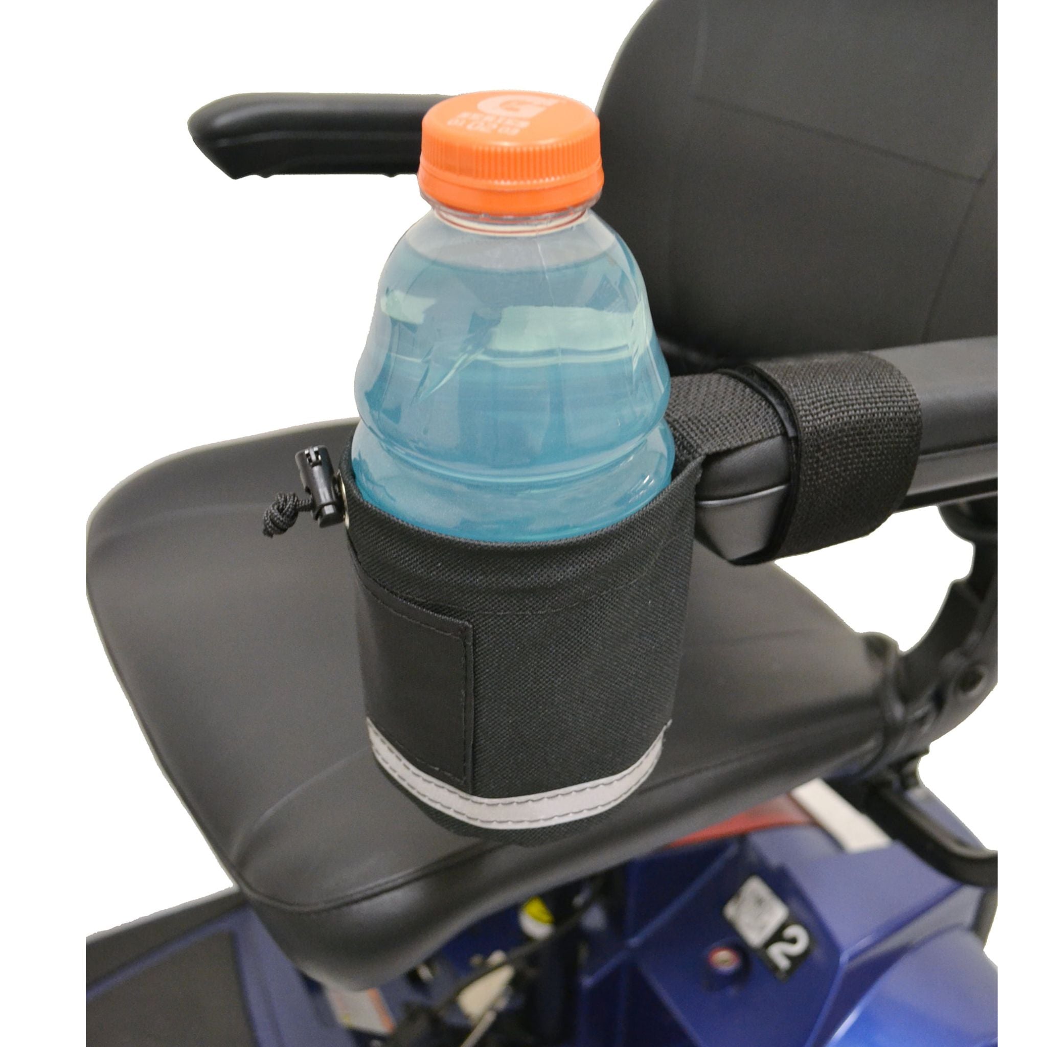 Diestco Front Grip cupholder attached to a mobility scooter armrest holding a blue sports drink bottle