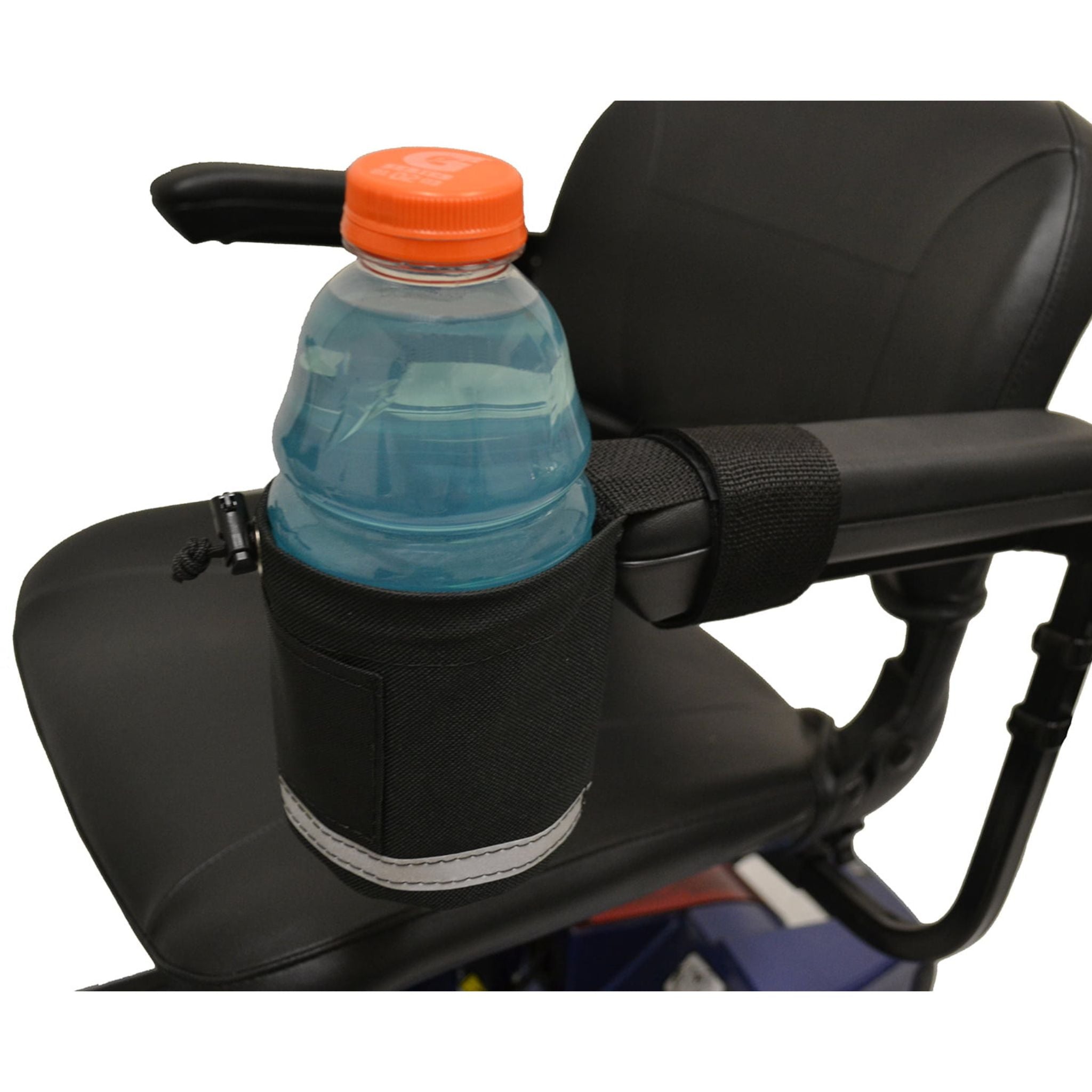Side view of Diestco Front Grip cupholder mounted on a mobility scooter armrest with reflective trim visible