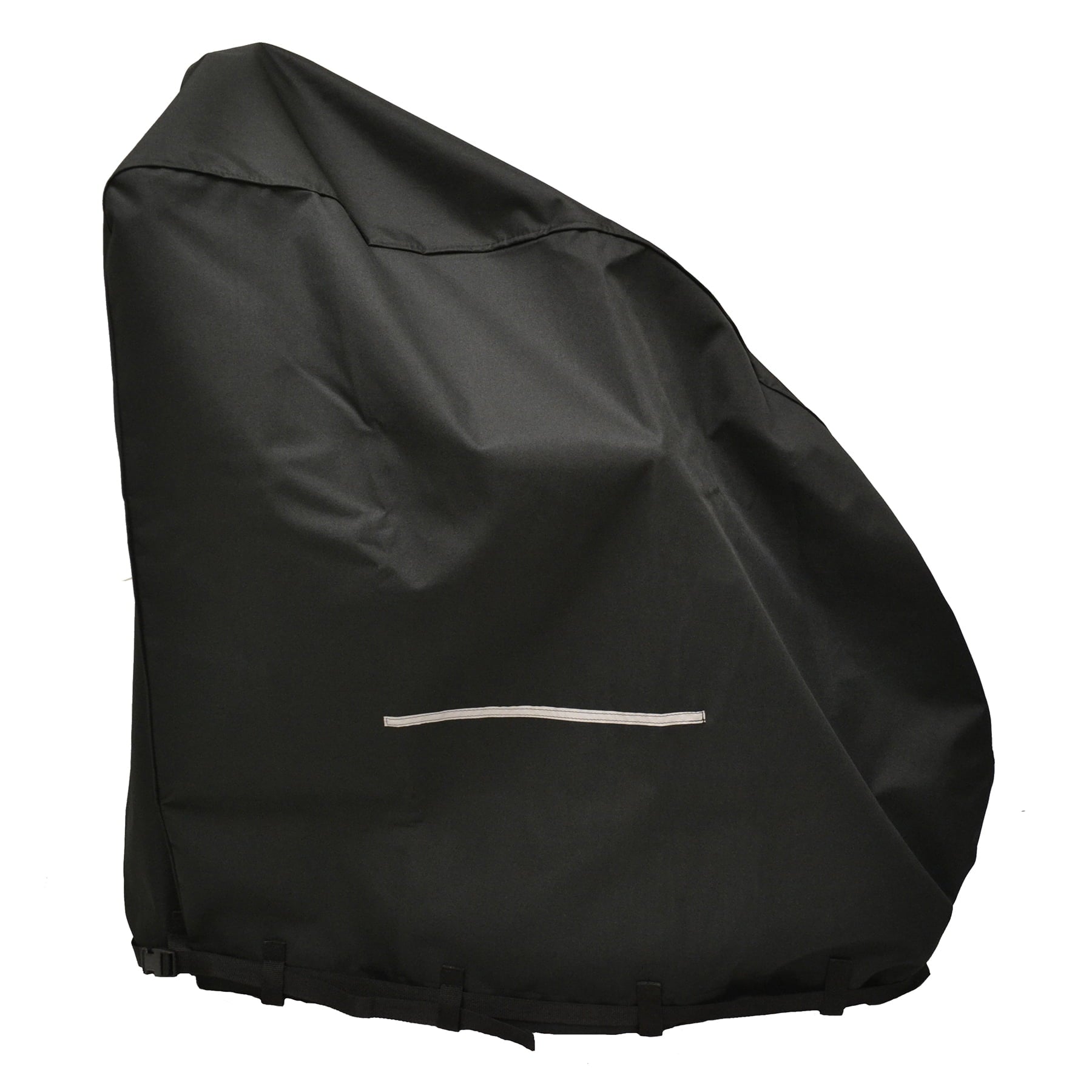 Diestco heavy-duty black power wheelchair cover shown from the side with webbing belt straps along the bottom
