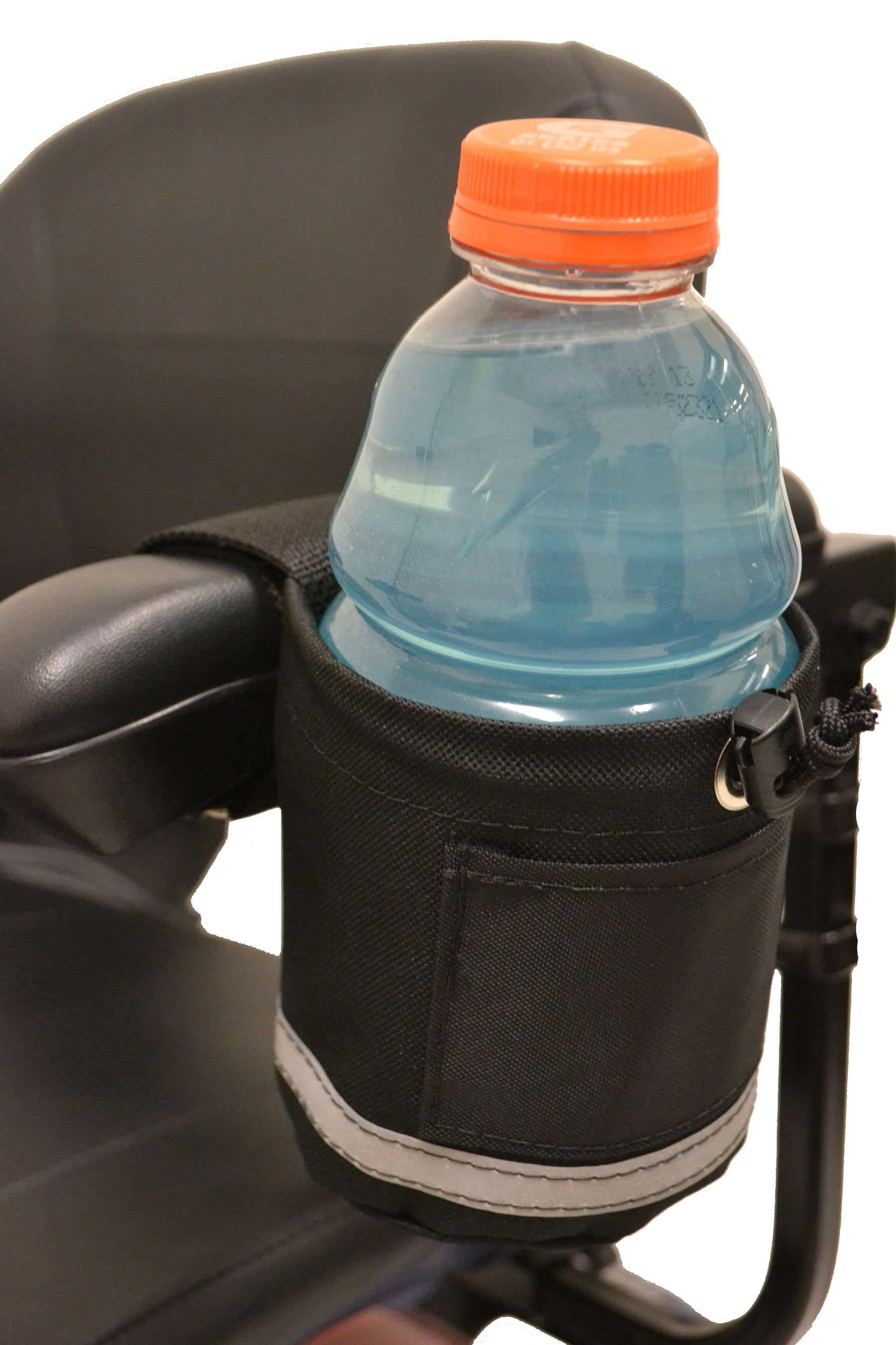 Close-up of Diestco horizontal cupholder showing cord lock, front pocket, and drink retention system