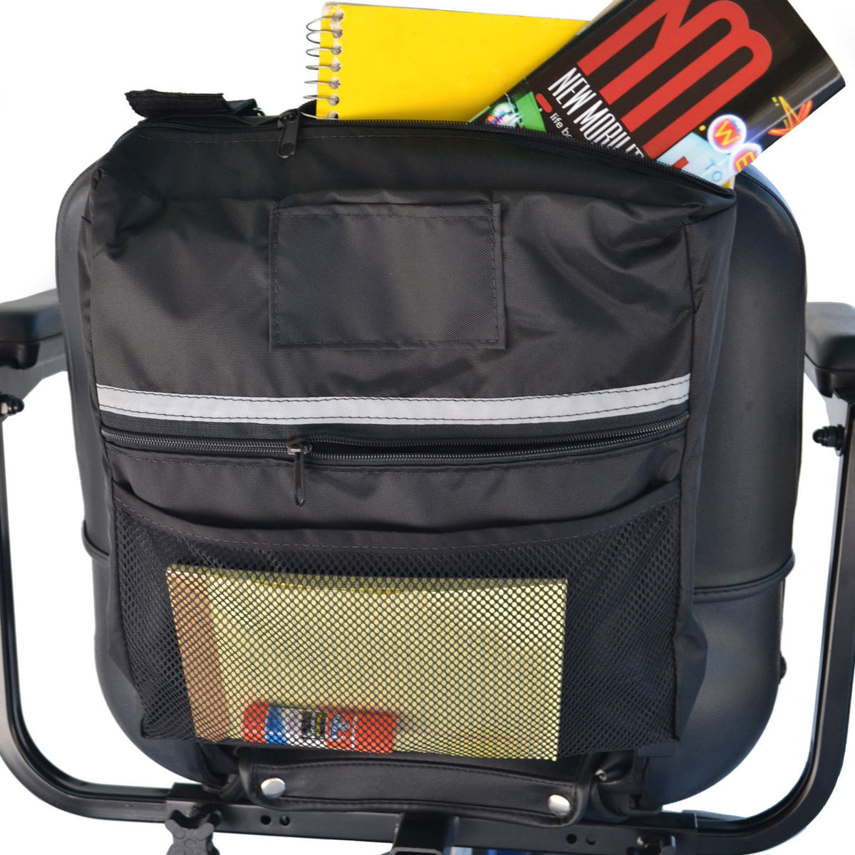 Black Diestco Mid-Range Seatback Bag on a scooter seatback filled with supplies, showing zippered and mesh pockets