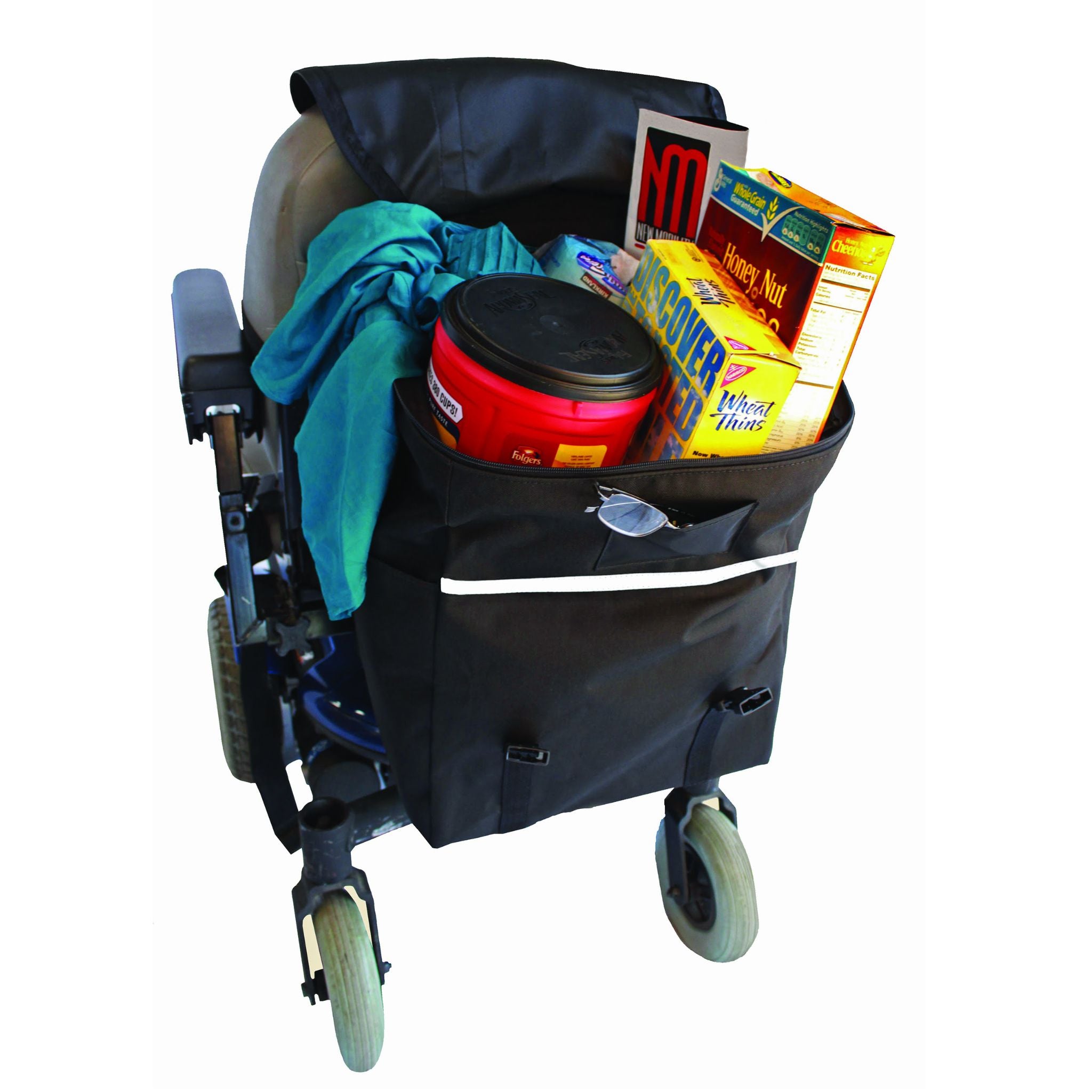 Diestco Monster Bag mounted on a power wheelchair filled with groceries, cereal boxes, coffee, and laundry