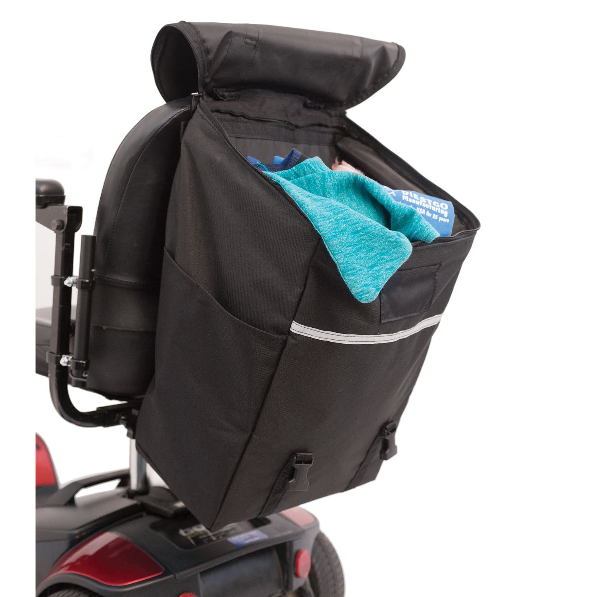 Diestco Monster Bag opened on a scooter showing the roomy interior, contents, and Made in USA Diestco label