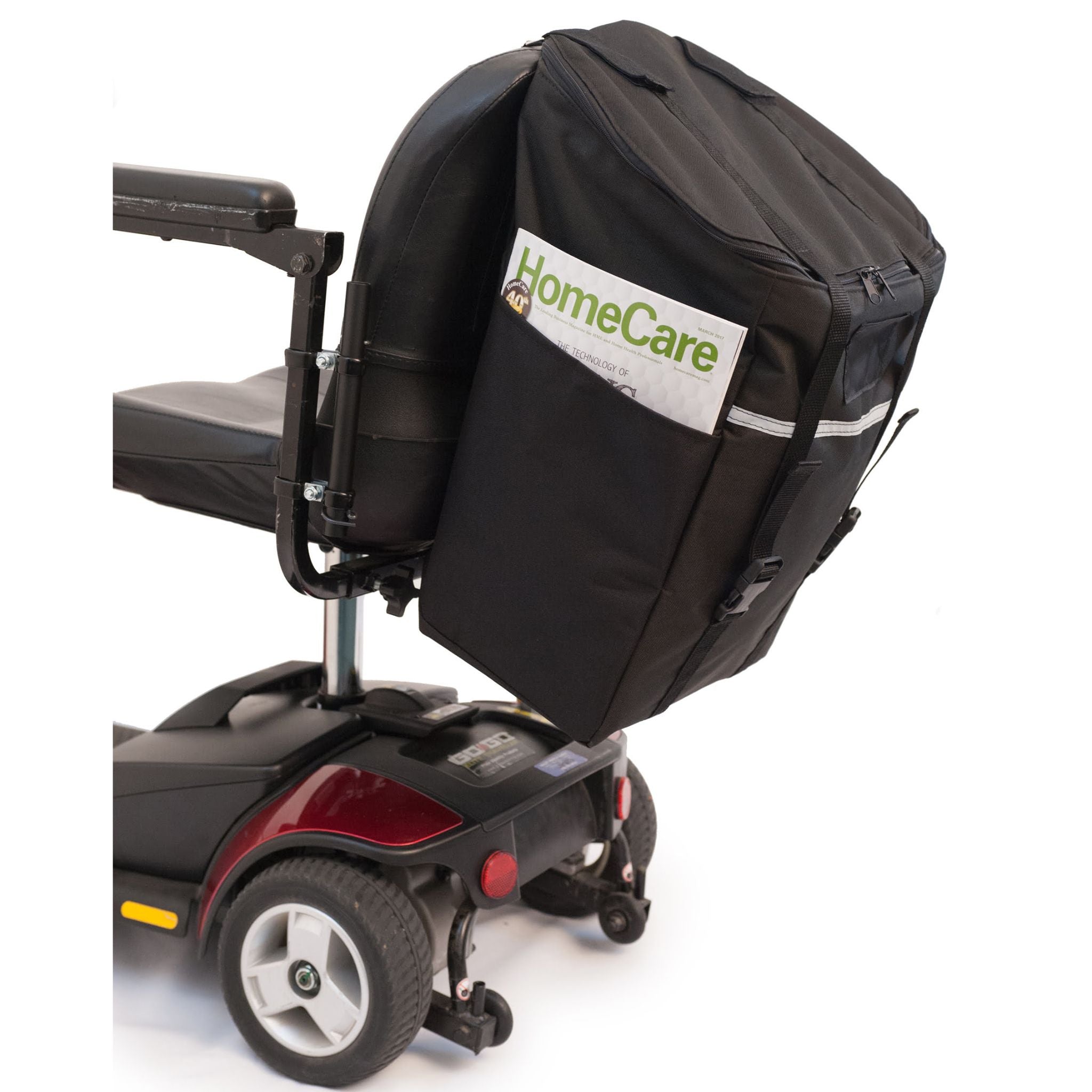 Rear three-quarter view of the Diestco Monster Bag strapped to a mobility scooter seatback with reflective strip