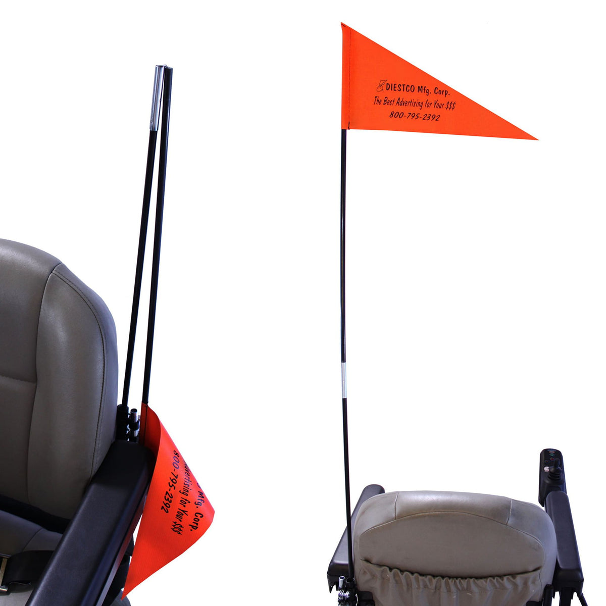 Diestco Folding Safety Flag on a power wheelchair shown folded down beside the seat and standing fully upright.