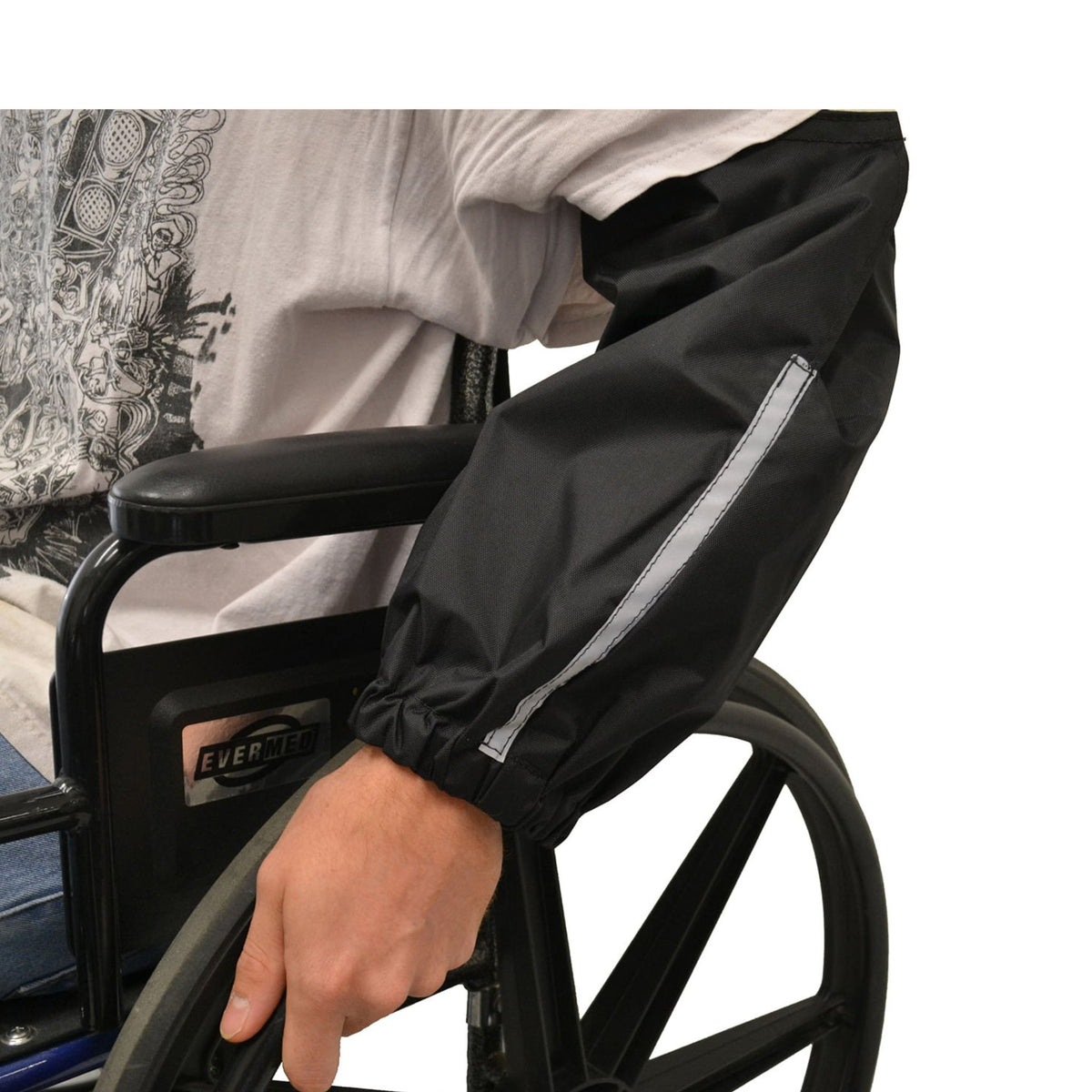 Wheelchair user wearing a Diestco Sleeve Guard over their forearm while gripping the handrim, showing the elastic wrist cuff and reflective strip