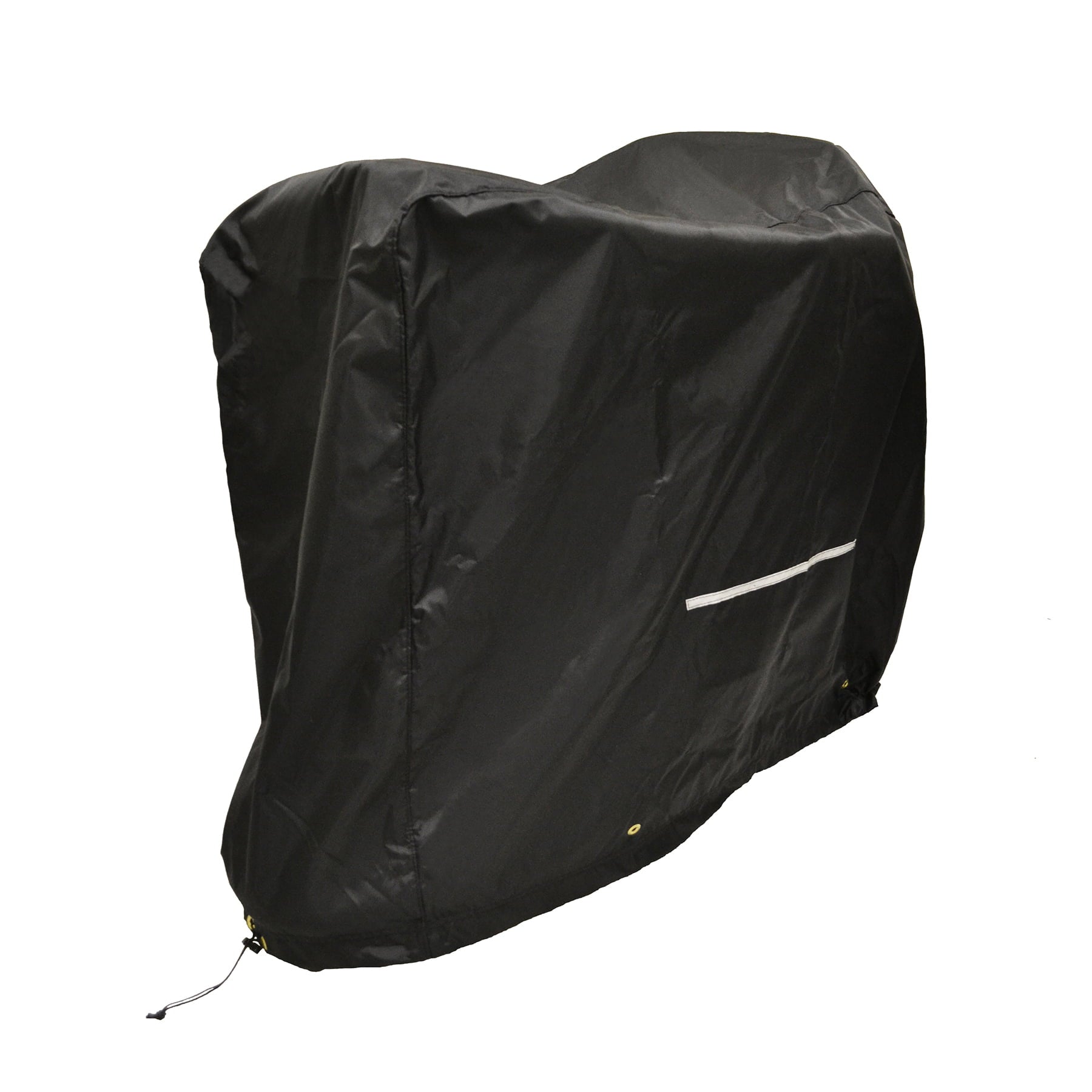 Diestco standard black mobility scooter cover shown at an angle with a reflective strip and elastic drawcord