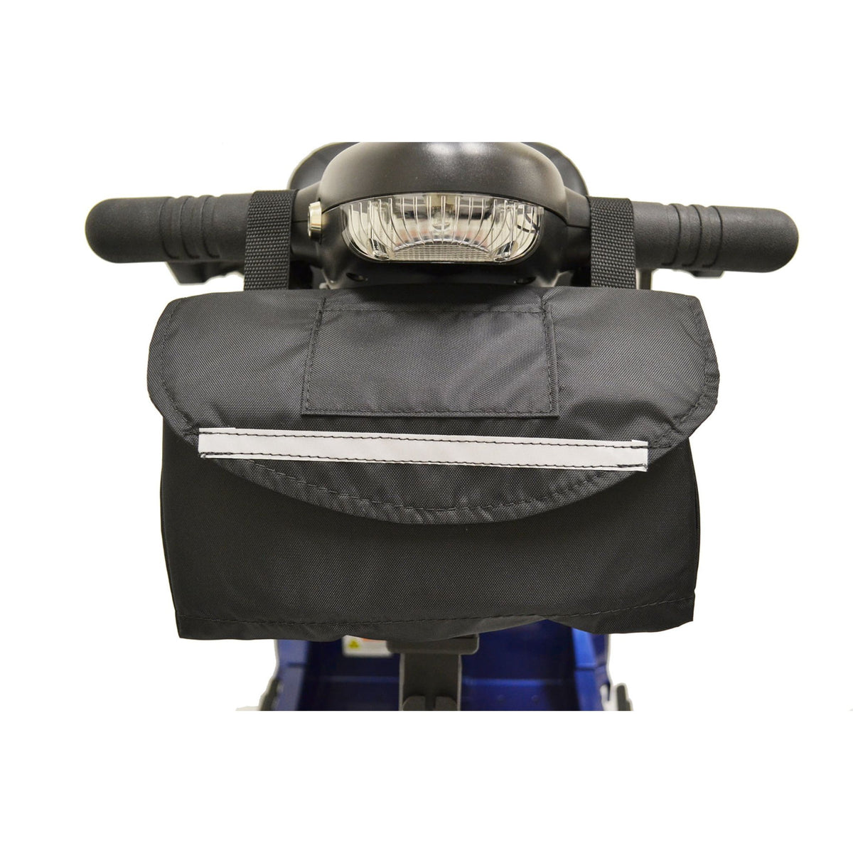 Diestco Standard Tiller Bag hanging from a mobility scooter's tiller handles below the headlight, with flap closure and reflective strip