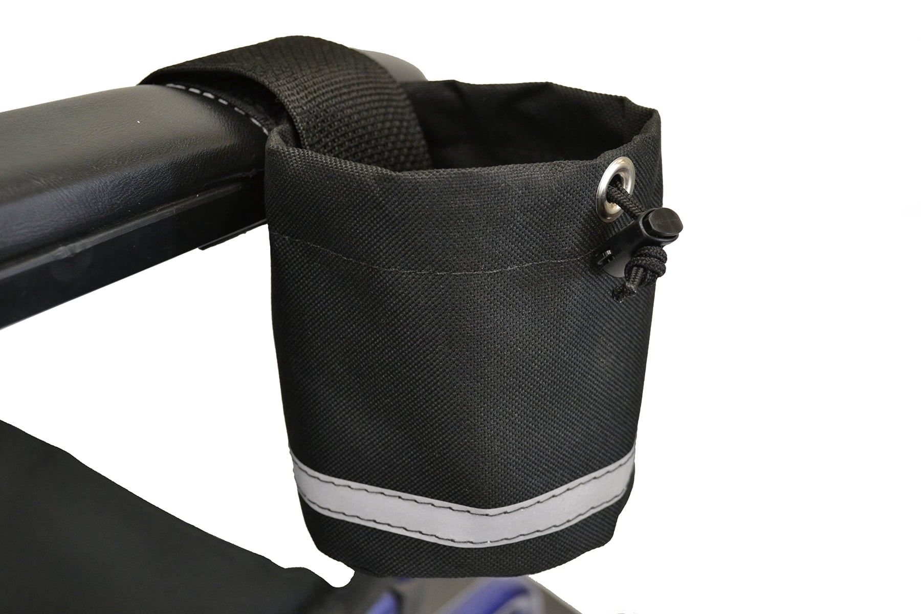 Horizontal mount Diestco cupholder installed on a power chair armrest for convenient drink access