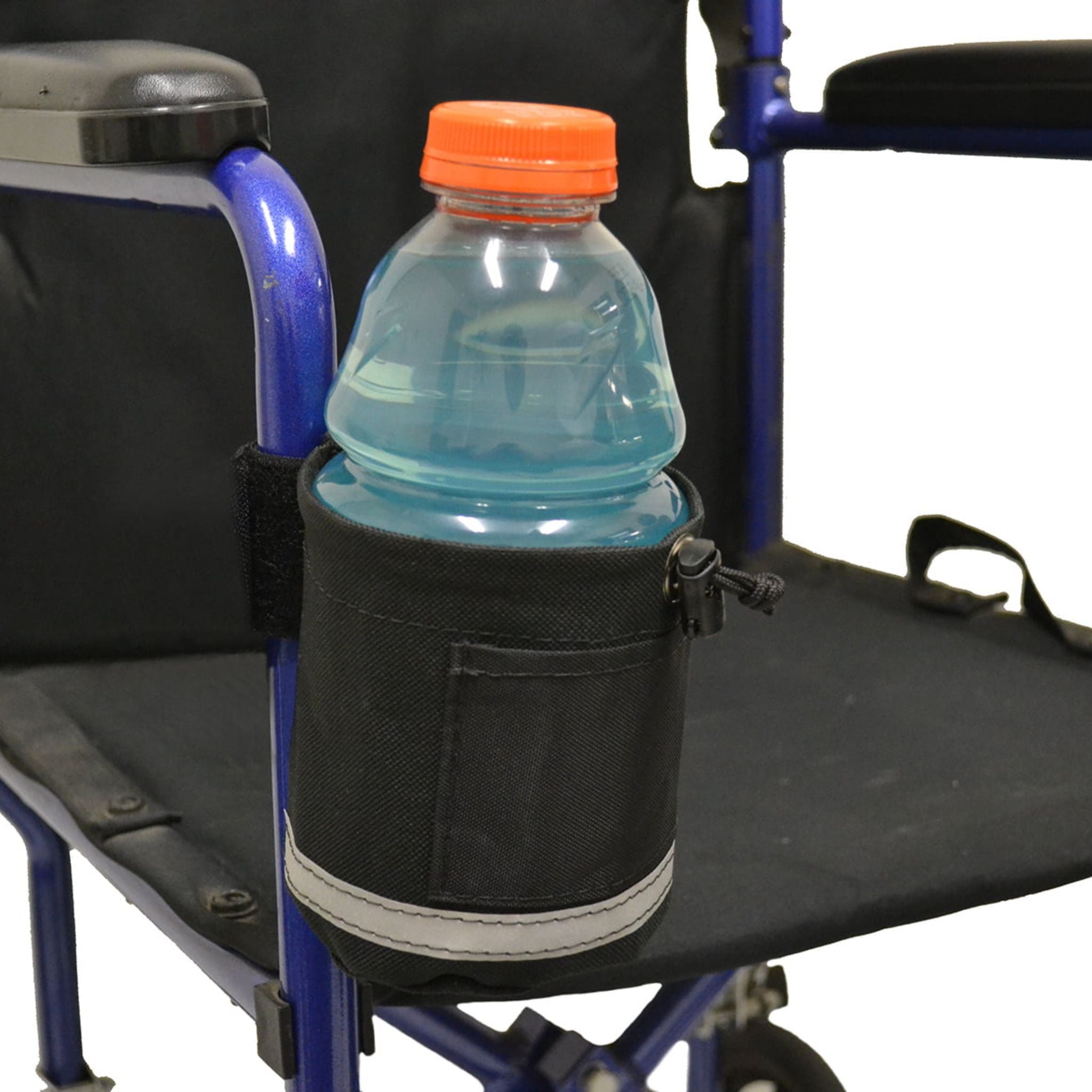 Diestco Unbreakable Vertical Grip cupholder secured to a wheelchair carrying a 32 oz sports drink bottle