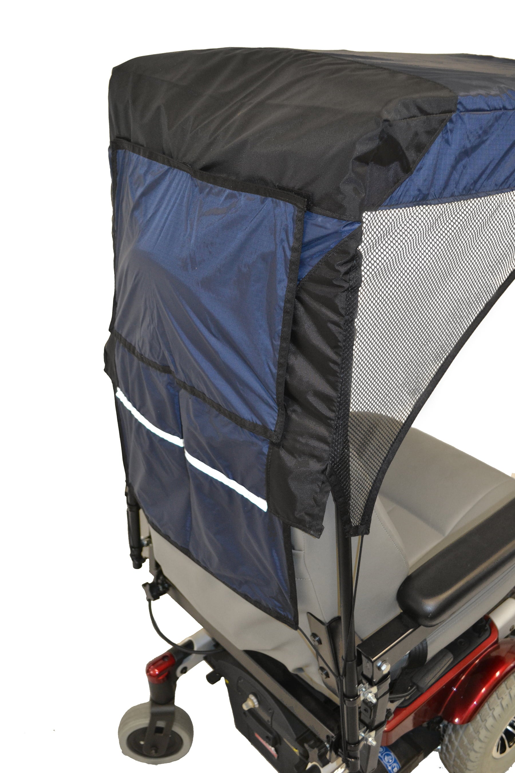 Close-up of the Diestco vented WeatherBreaker canopy in navy showing the side mesh window and reflective strip