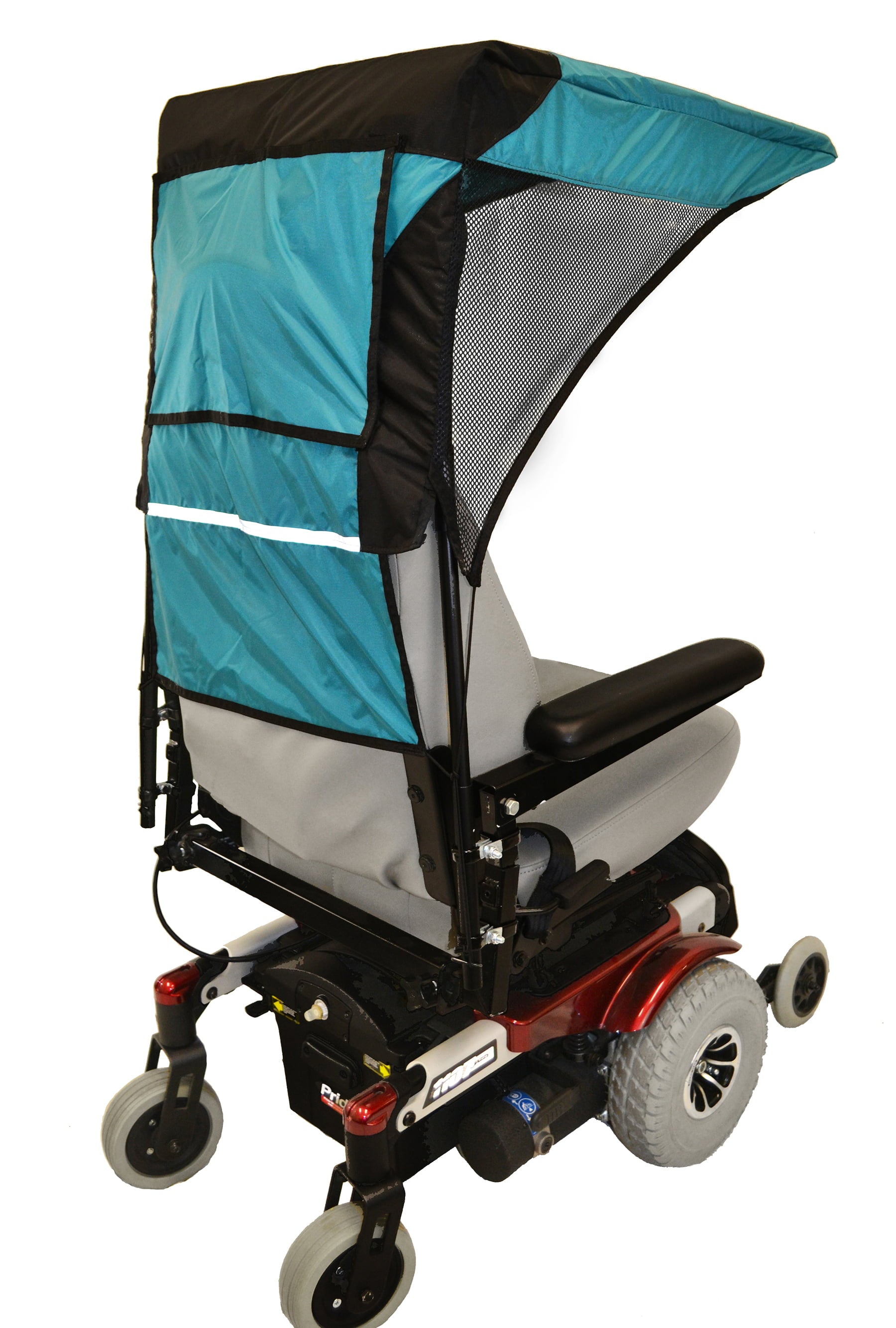 Rear view of the Diestco vented WeatherBreaker canopy in teal green showing the rear cover, side mesh, and reflective strip
