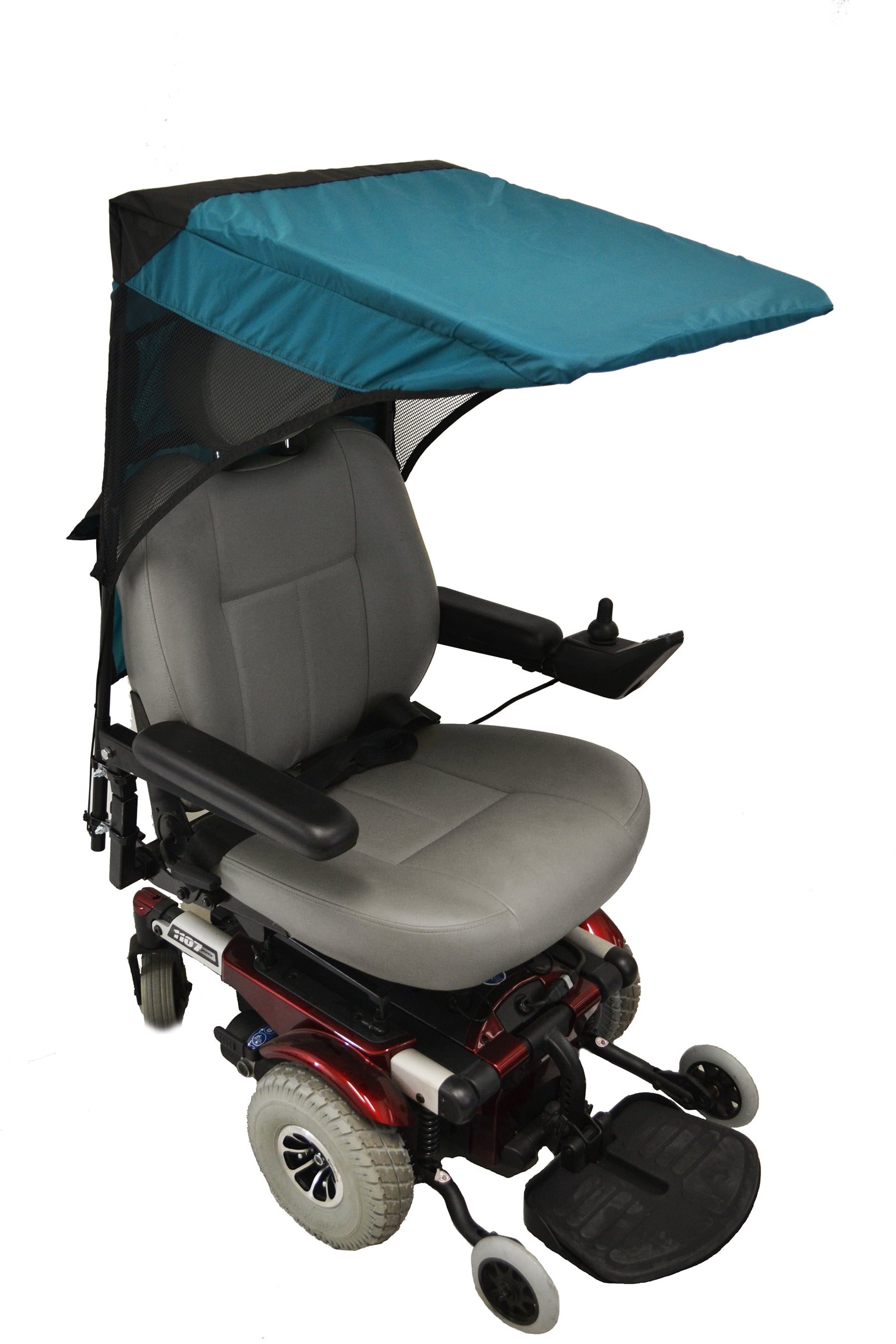 Diestco vented WeatherBreaker canopy in teal green shown from the front above, mounted over a power wheelchair seat