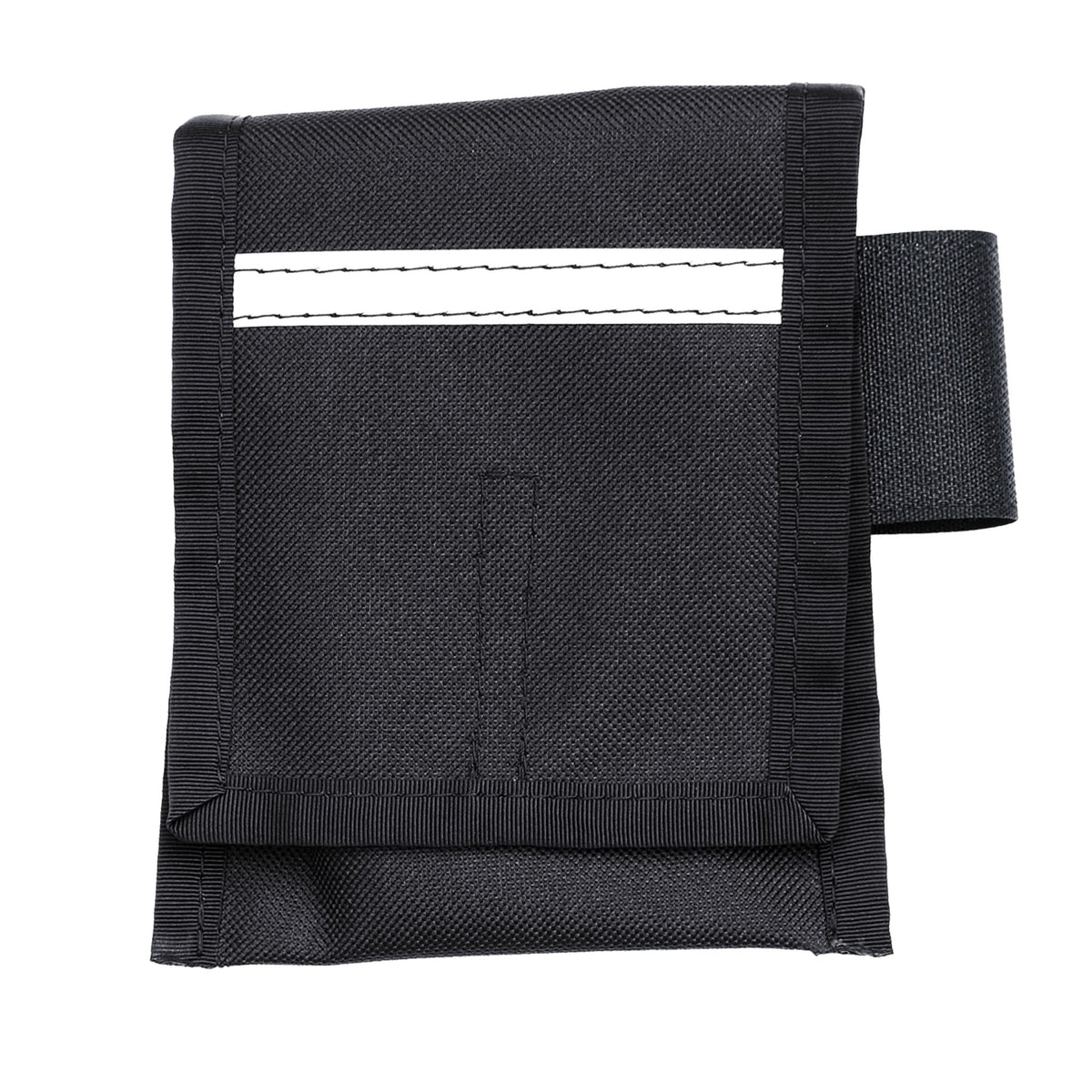 Diestco Cell Phone Holder for vertical tubing, front view showing the closed flap, reflective strip, and top mounting strap