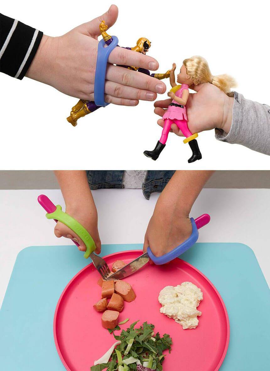 Child gripping action figures with blue and green EaZyHold cuffs, and using cuffs to hold a fork and knife while eating from a plate