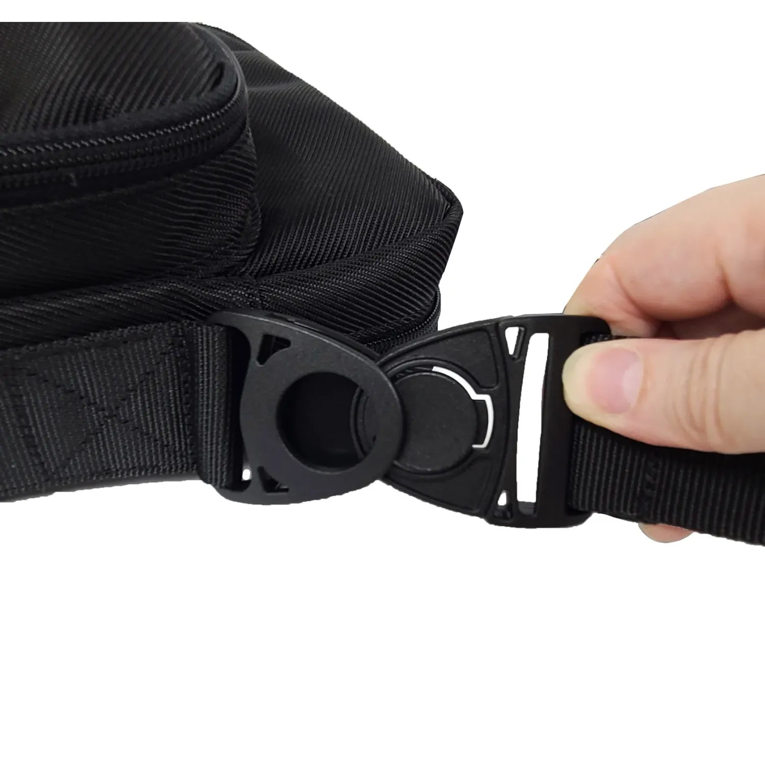 Close-up of FEELDOM MODU-Satchel locking buckle mechanism designed for secure wheelchair mounting and easy removal
