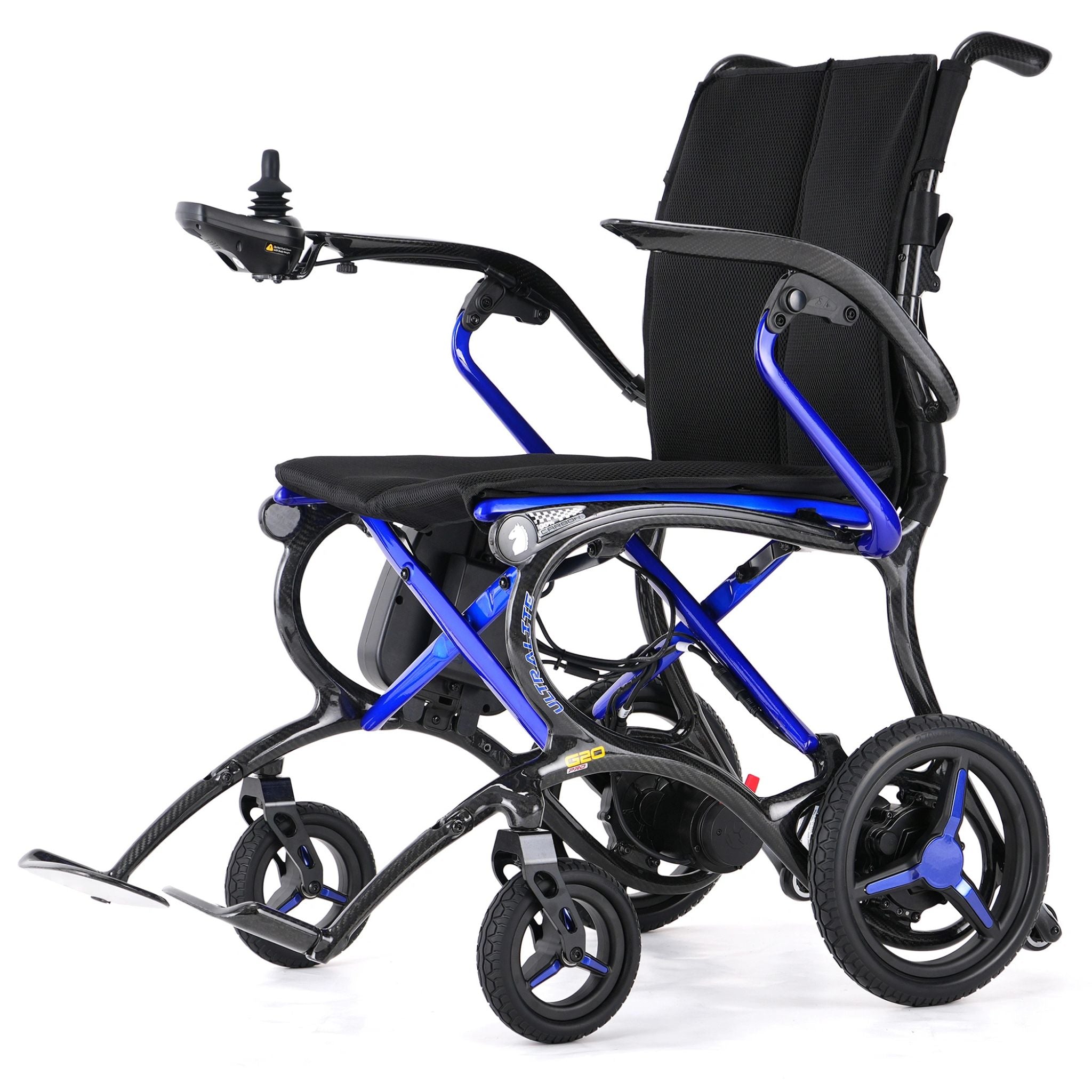 Forcemech G20 PRO carbon fiber folding electric wheelchair with joystick controller and blue frame accents