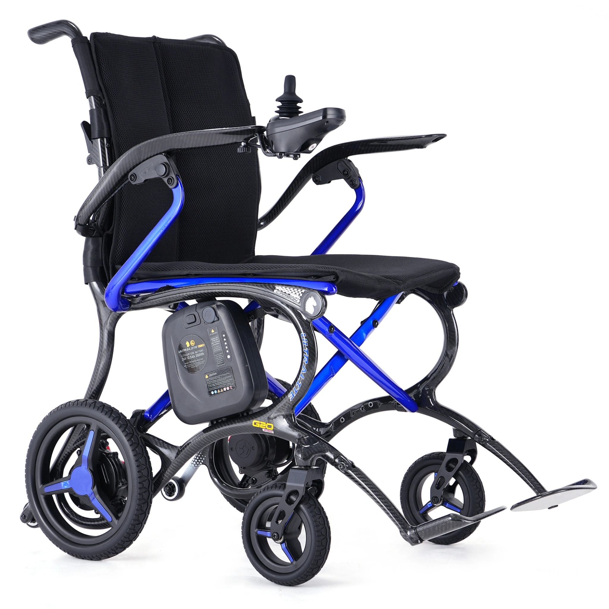 Angled view of Forcemech G20 PRO carbon fiber electric wheelchair with joystick control and compact frame