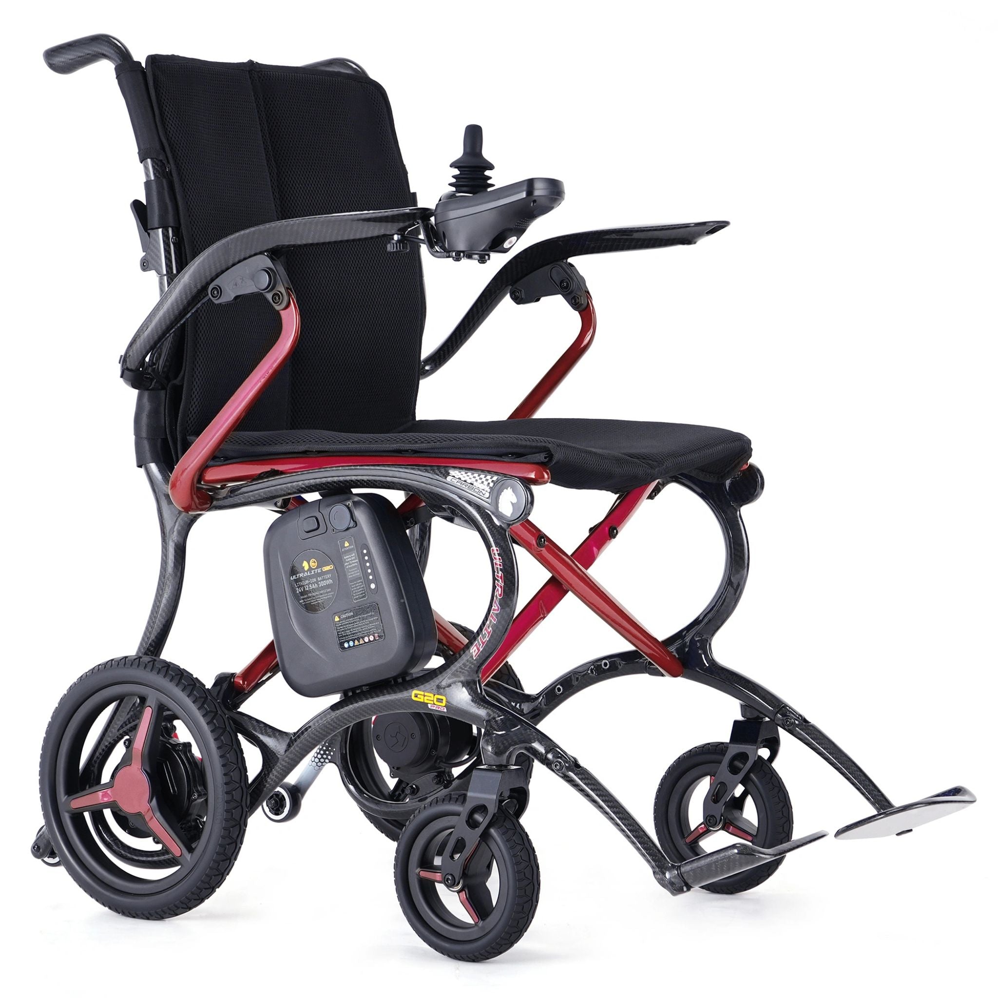Red Forcemech G20 PRO lightweight electric wheelchair with carbon fiber frame and removable battery pack