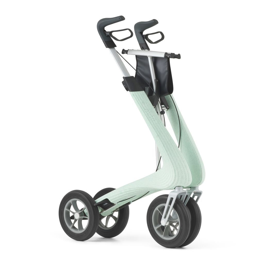 Glacier Green byACRE Nordic Pioneer rollator folded flat for compact storage and travel
