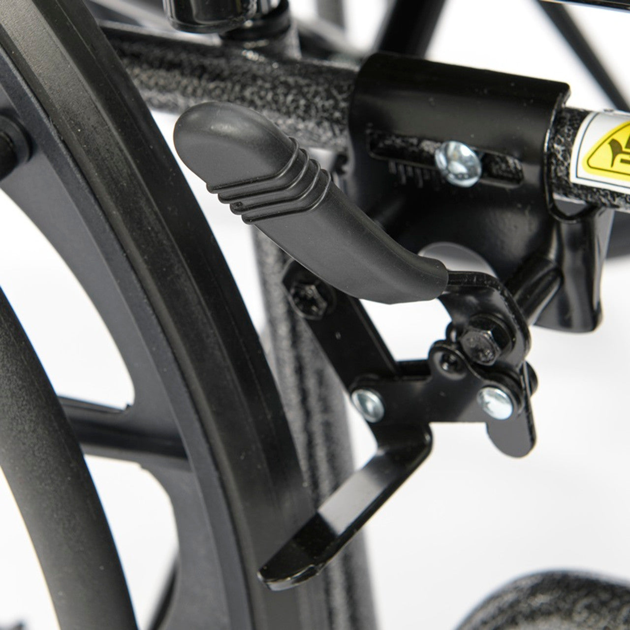 Close-up of dual axle height adjustment mechanism on a heavy-duty bariatric wheelchair designed for hemi-height positioning, customizable seat-to-floor height, improved wheelchair propulsion, and easier patient transfers.