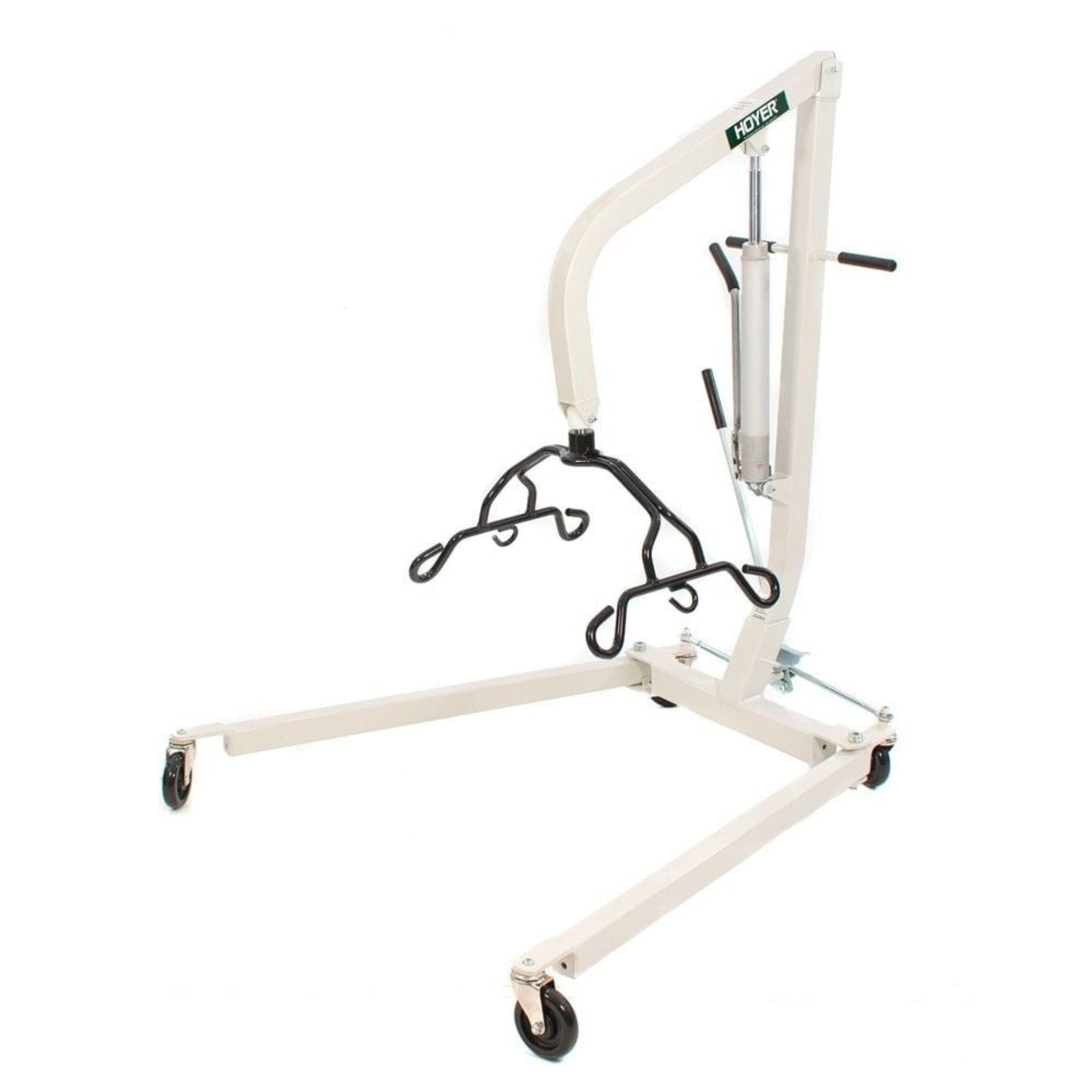 Front angled view of a Hoyer hydraulic patient lift with cradle, hydraulic pump, and adjustable base