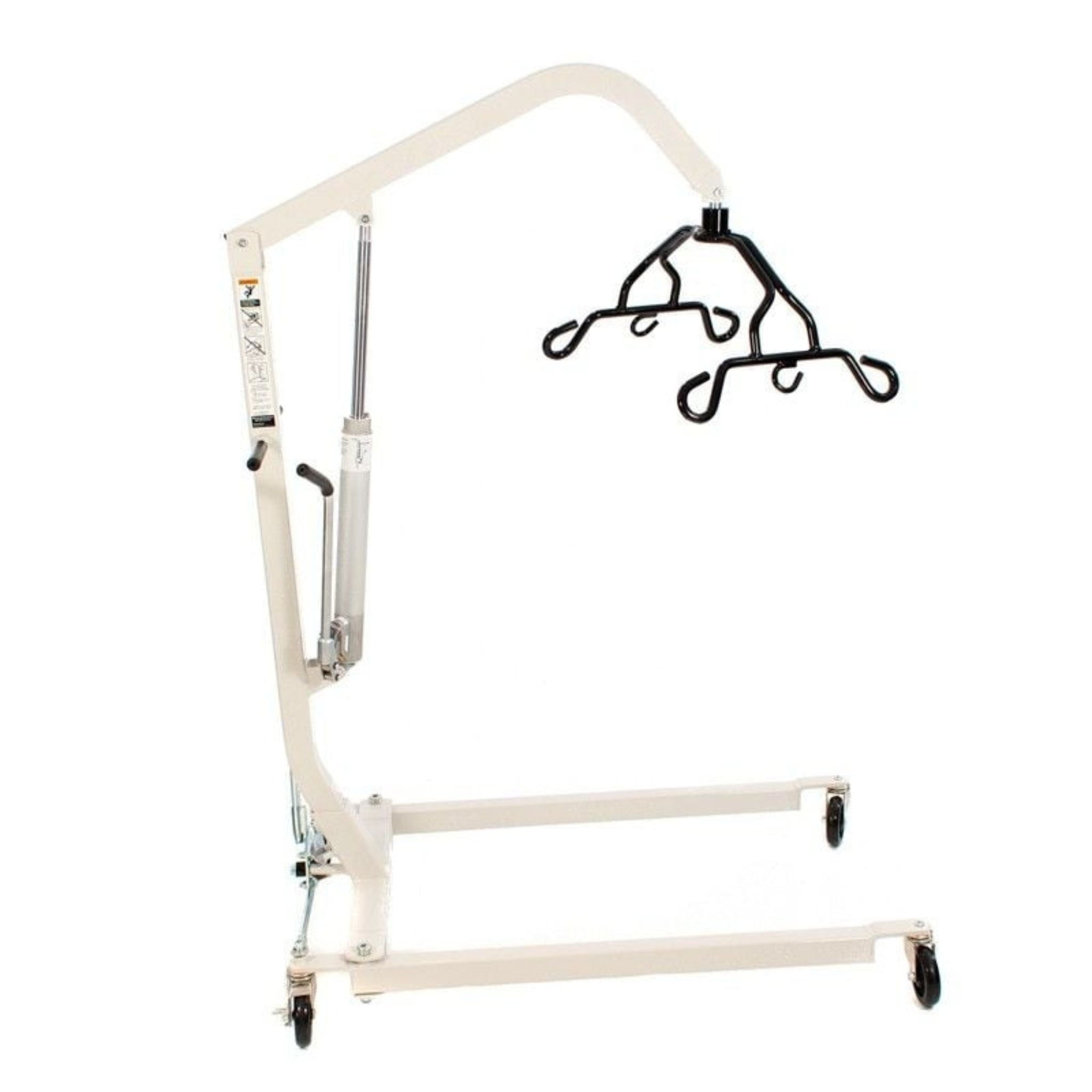Hoyer hydraulic patient lift with a six-point cradle, hydraulic pump, and caster base, side view