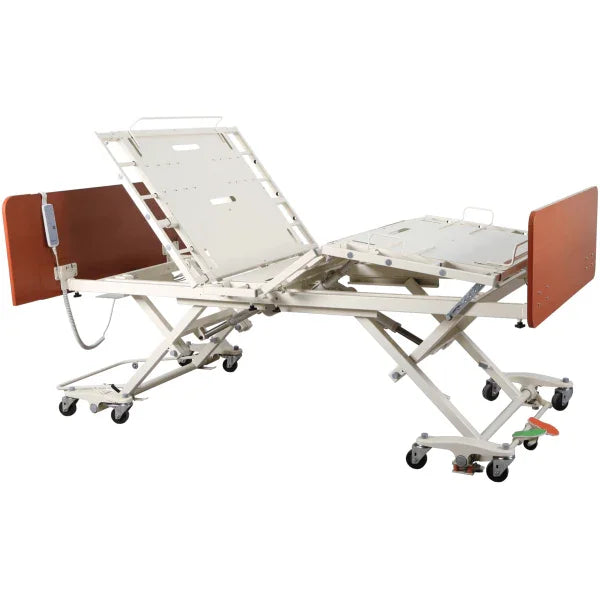 Adjustable electric hospital bed with split frame, casters, and remote control for mobility support
