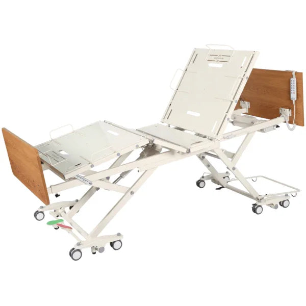 Adjustable electric medical bed with caster wheels, white metal frame and wood panels