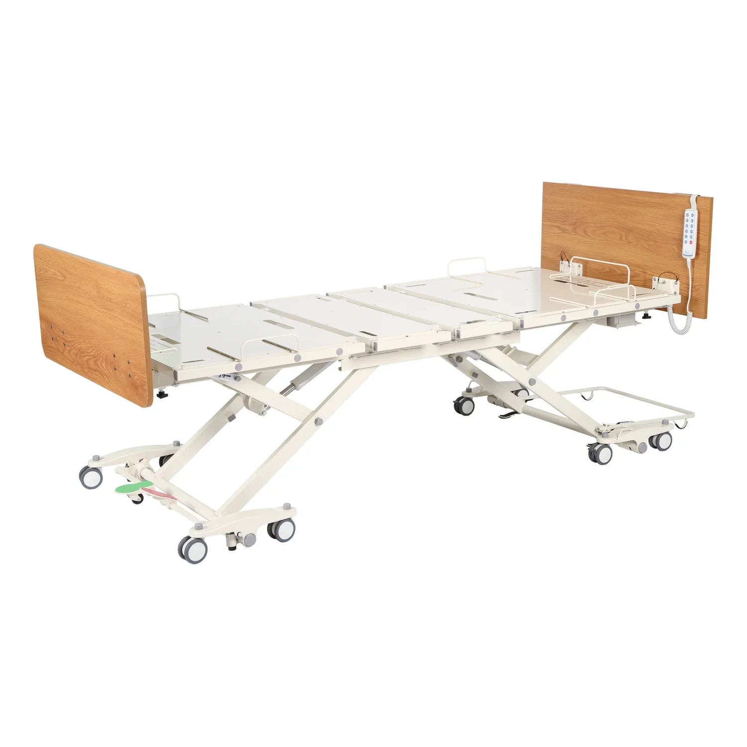 Adjustable electric medical bed with wood accents and wheels for mobility