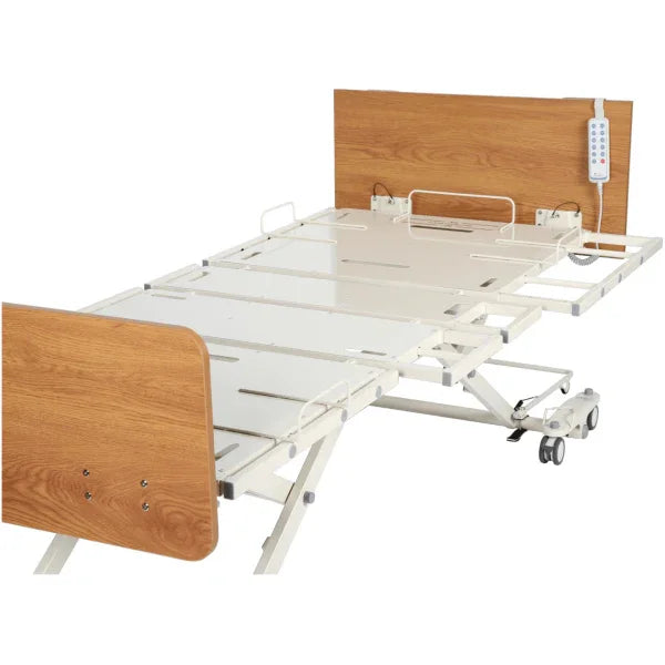 Adjustable electric medical bed with wood headboard, remote control, and side rails