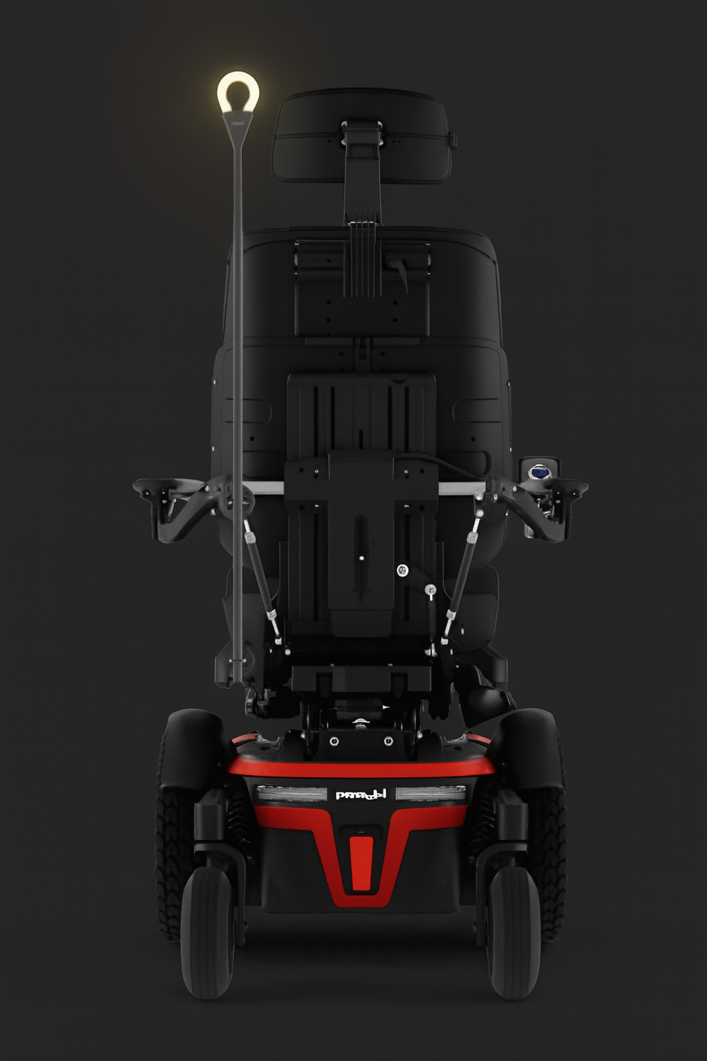 Rear view of a power wheelchair showing the Innovative Independence Sol safety light mounted above the chair with its illuminated visibility beacon.