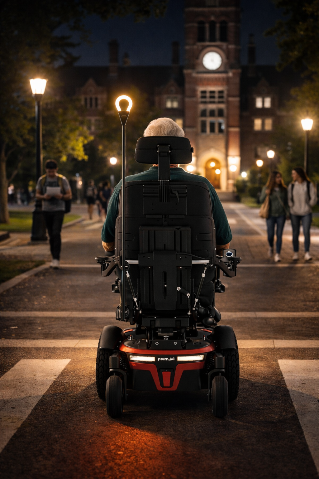 Power wheelchair equipped with the Innovative Independence Sol safety light traveling across a university campus at night to improve visibility and independence.
