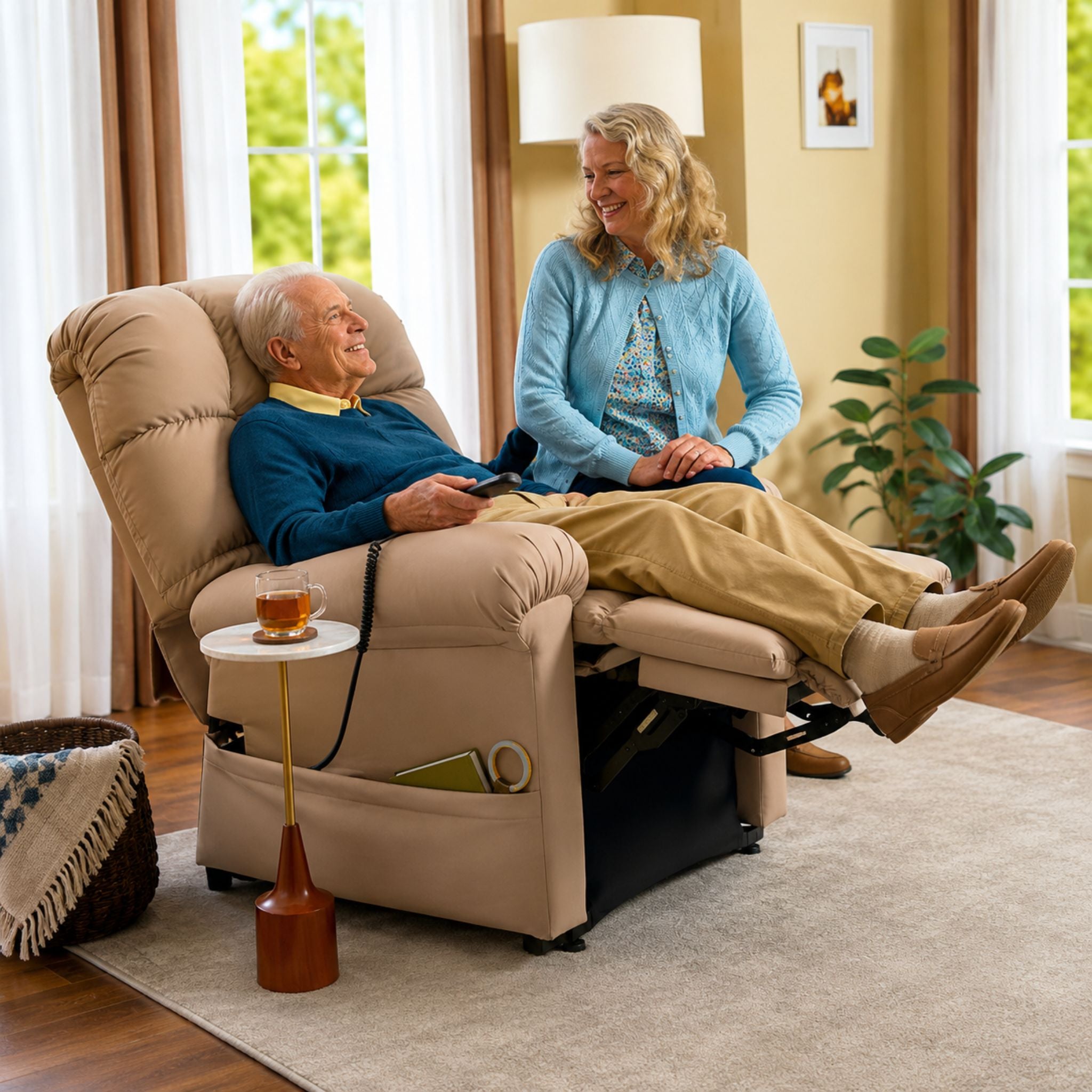 User relaxing in Journey Perfect Sleep Chair MiraLux lift recliner while visiting with caregiver
