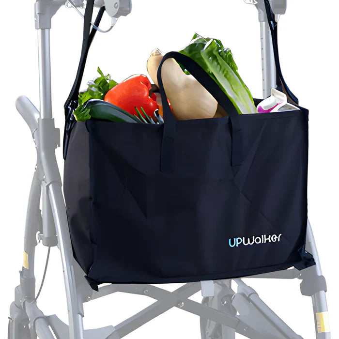 Journey UPWalker Personal Shopping Bag carrying groceries and everyday essentials on an upright walker for hands-free shopping