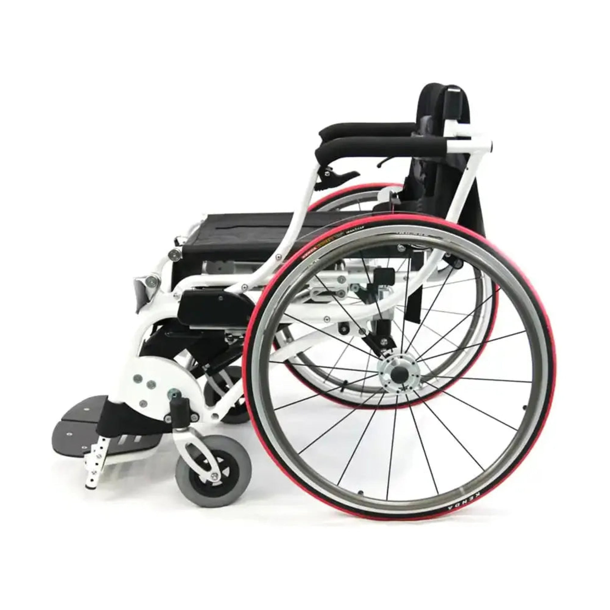 Side profile of the Karman XO-55 Horizon manual standing wheelchair featuring a lightweight aluminum frame, ergonomic seating system, quick-release rear wheels, and standing mobility support design.