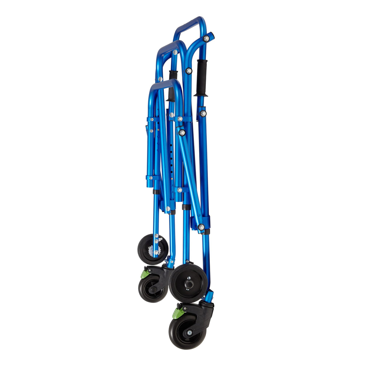 Blue Klip posterior walker folded flat for storage and transport