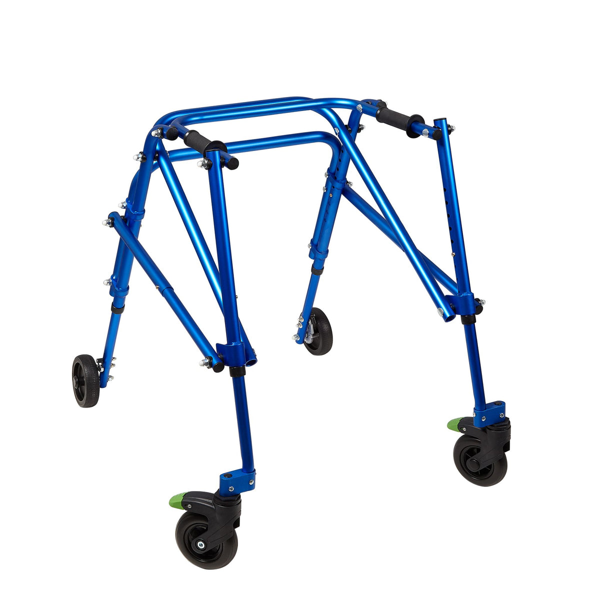 Blue Klip posterior walker, standard style, with height-adjustable handles and foot-activated swivel wheel locks