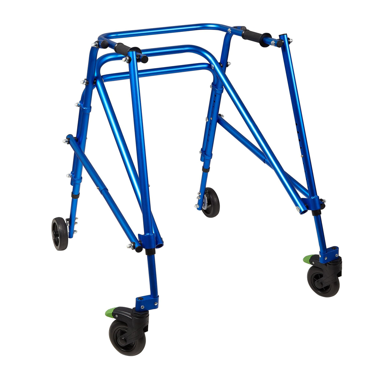Blue Klip posterior walker, standard style, large size with extended height-adjustable legs and swivel wheel locks
