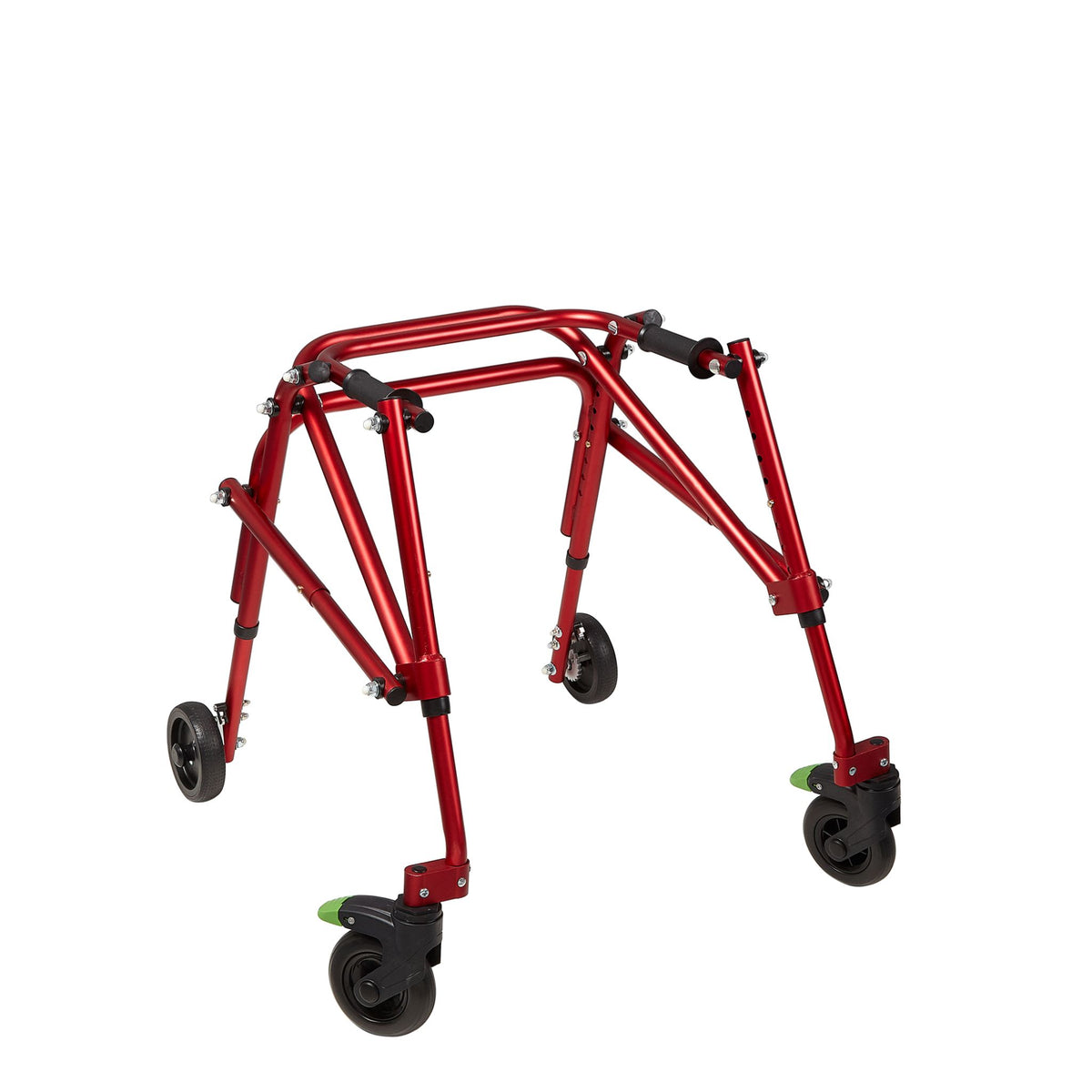 Red Klip walker with front swivel wheels locked using the foot-activated green levers