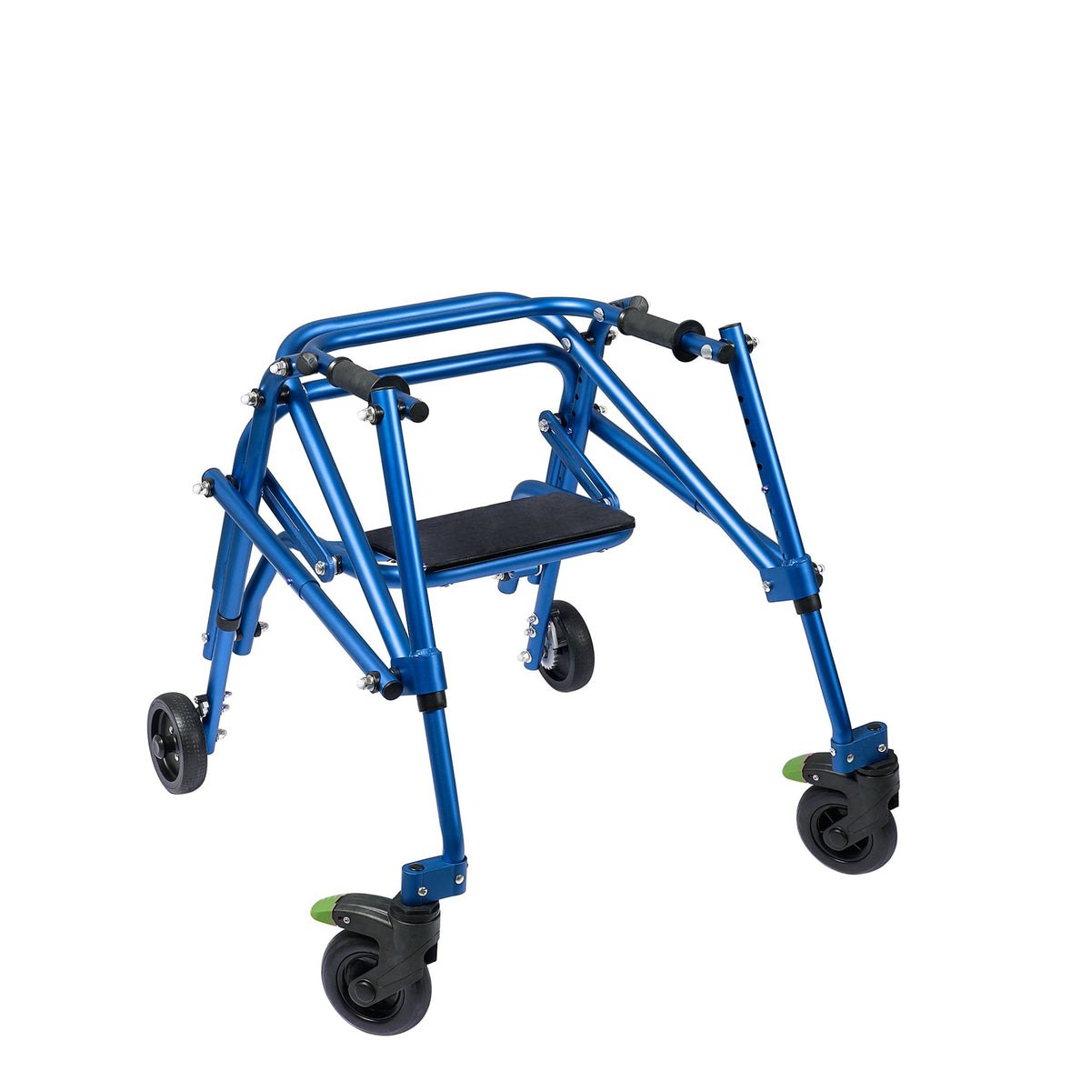 Blue Klip posterior walker with flip-up seat and foot-activated swivel wheel locks