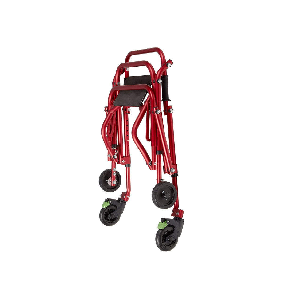 Red Klip posterior walker with seat folded for transport